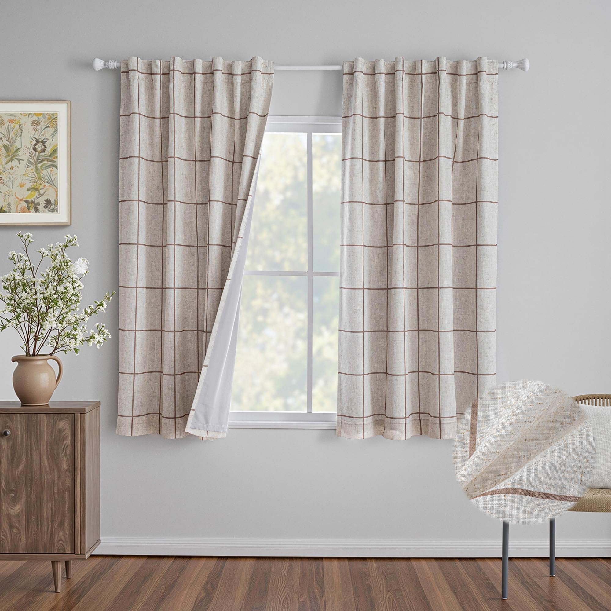 MYSKY HOME 100% Blackout Plaid Farmhouse Linen Curtains 84 Inch Long for Living Room Double Layer Windowpane Drapes Thermal Insulated Privacy Protection Rod Pocket Back Tab, 52" W, Black, 1 Panel
