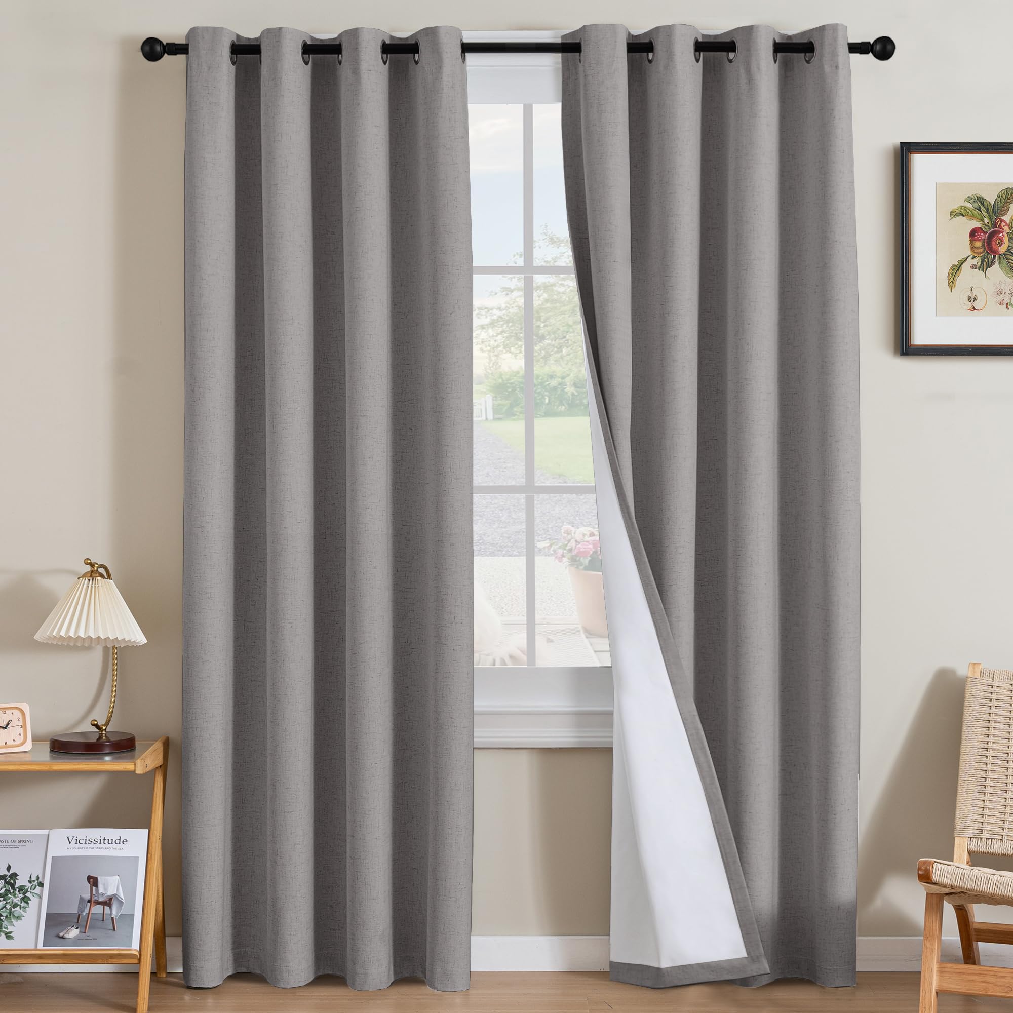 H.VERSAILTEX Linen 100% Blackout Curtains for Bedroom Full Light Blocking Curtains, Textured Window Curtain for Living Room 84 inch Grommet, Energy Efficient Curtains White Liner(2 Panels, Natural)