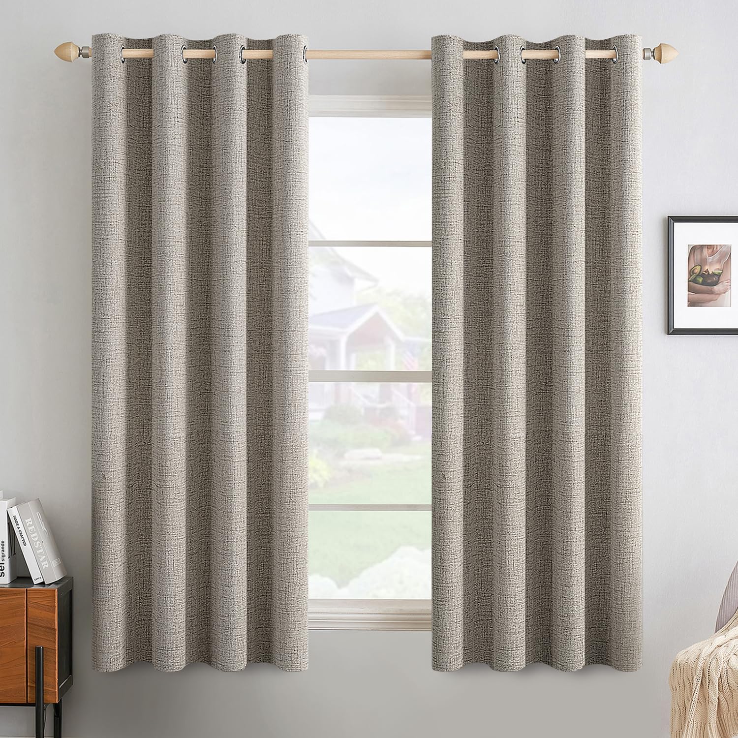 MIULEE 90 Inches Linen Textured Curtains for Bedroom 100% Blackout Thermal Insulated Natural Beige Grommet Room Darkening Curtains & Drapes Luxury Decor for Living Room Nursery 52 x 90 Inch (2 Panels)