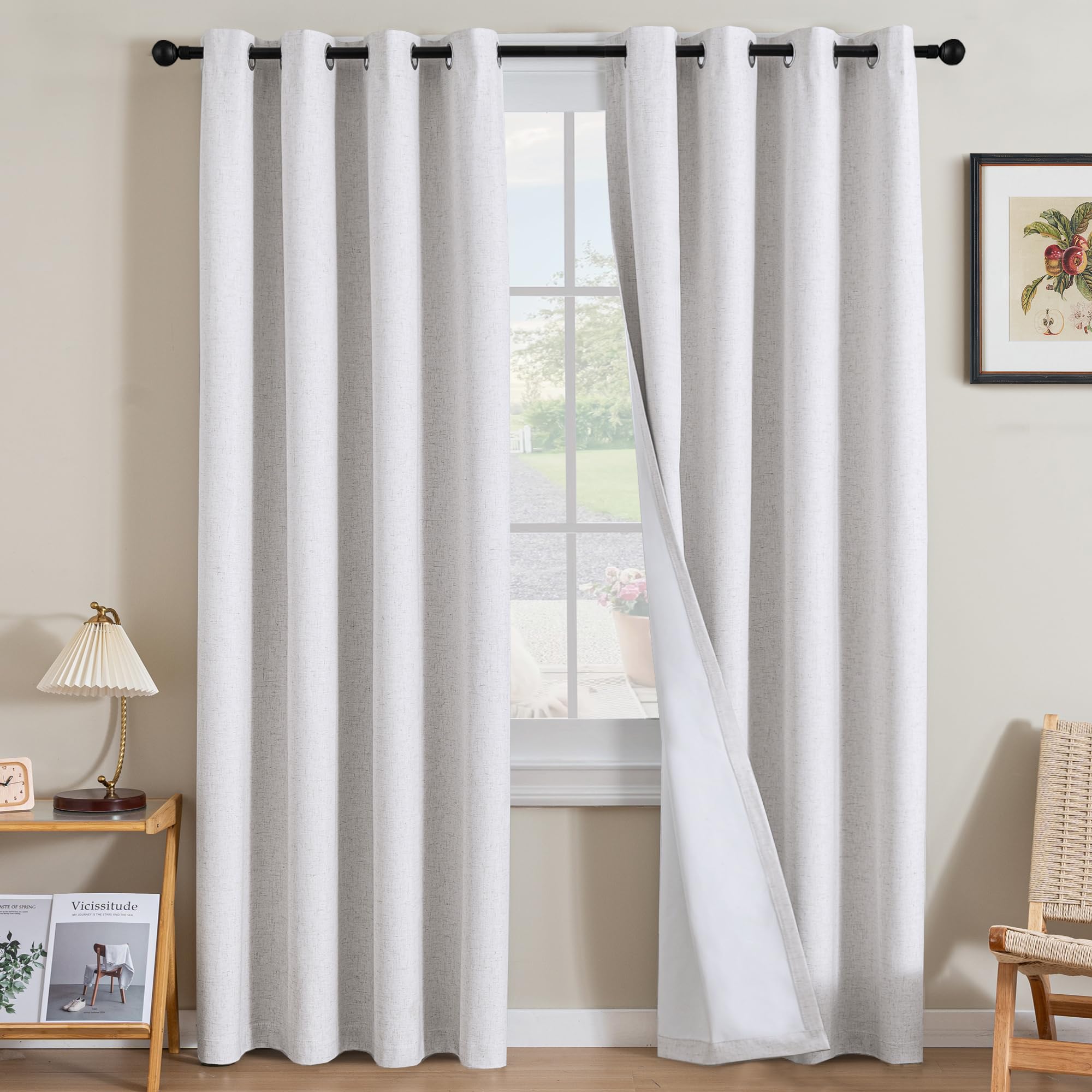 H.VERSAILTEX Linen 100% Blackout Curtains for Bedroom Full Light Blocking Curtains, Textured Window Curtain for Living Room 84 inch Grommet, Energy Efficient Curtains White Liner(2 Panels, Natural)