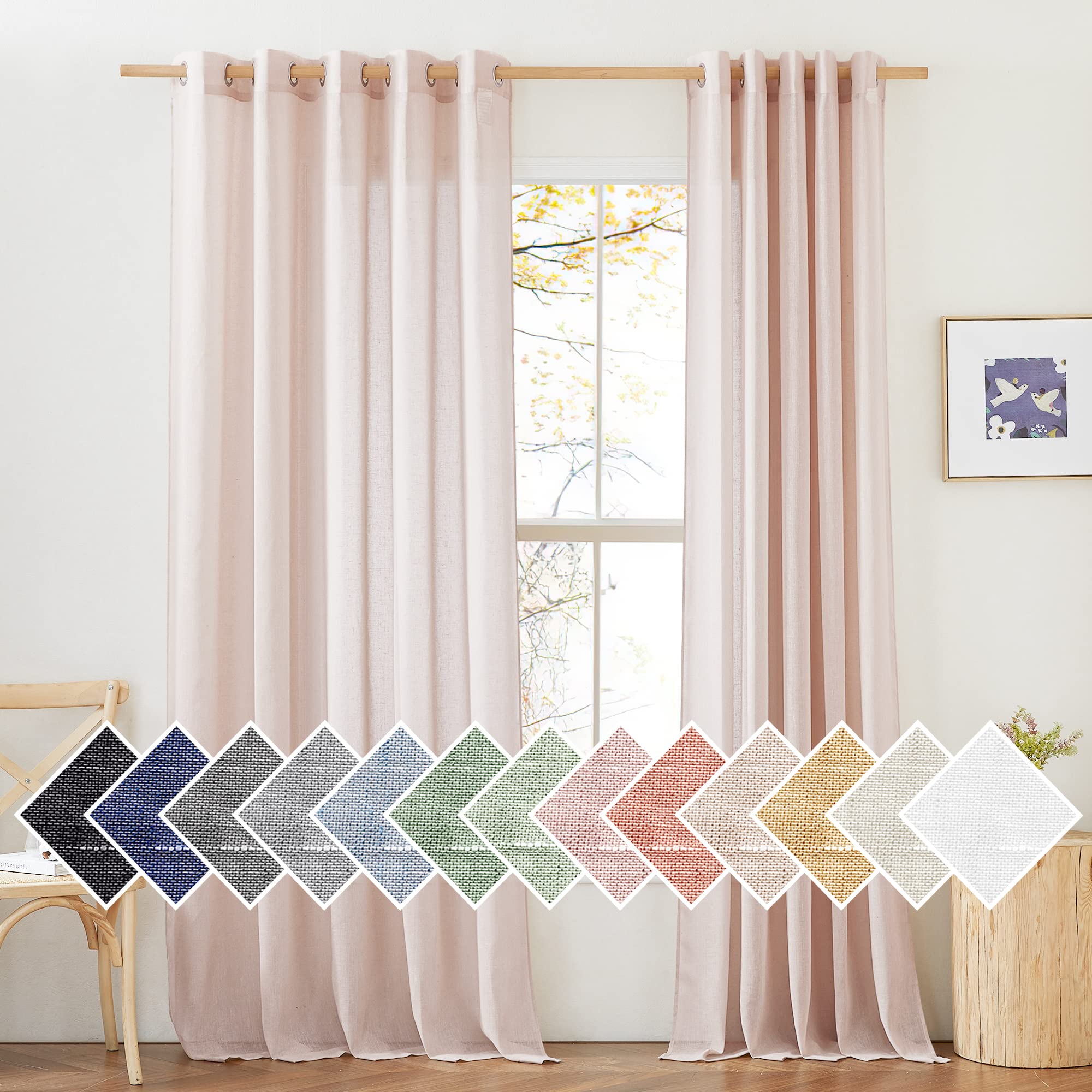 NICETOWN Semi Sheer Beige Curtains 84 inches Long, Grommet Retro Linen Curtains Window Treatments Vertical Drapes Privacy with Light Filter for Living Room, W52 x L84, 2 Panels