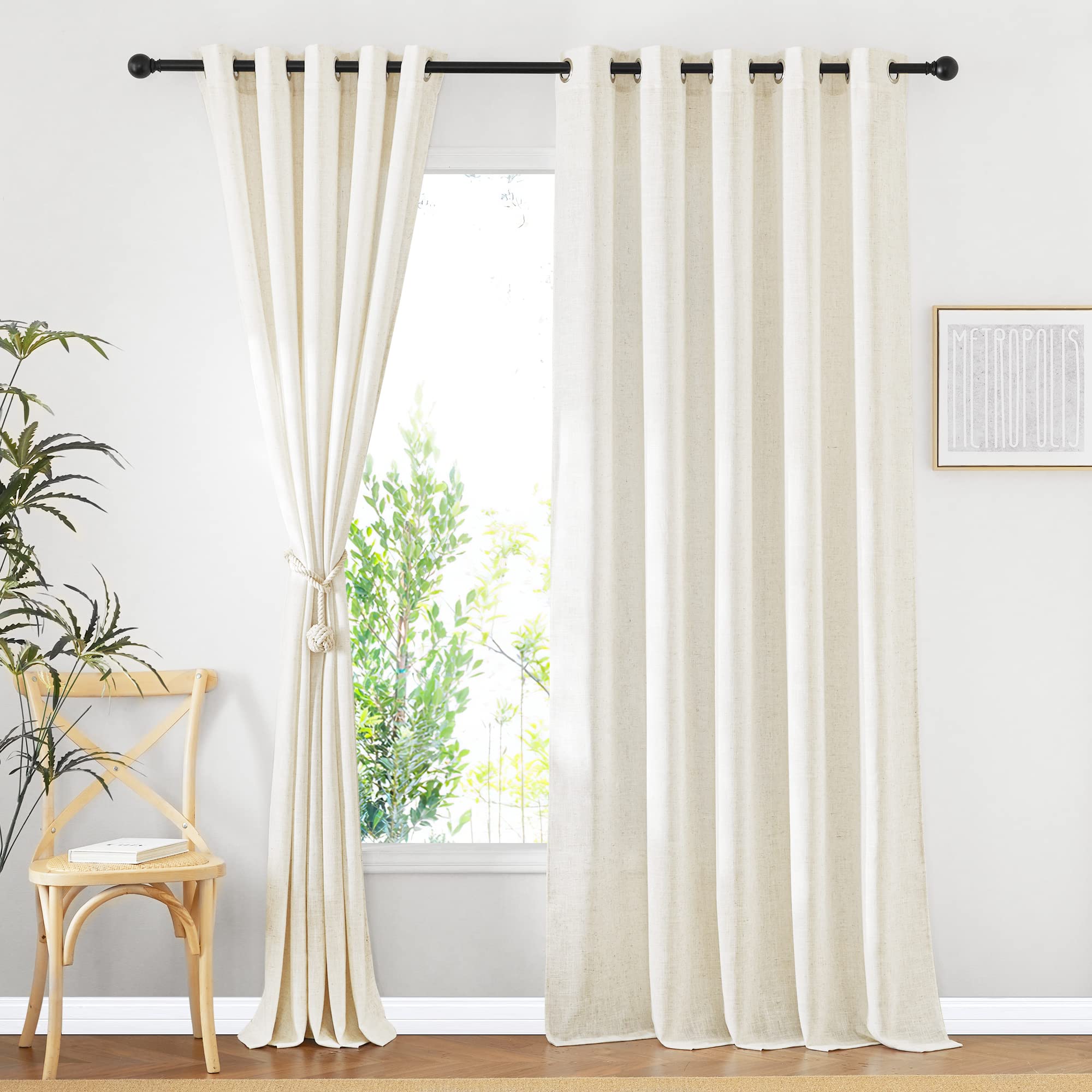 NICETOWN Semi Sheer Beige Curtains 84 inches Long, Grommet Retro Linen Curtains Window Treatments Vertical Drapes Privacy with Light Filter for Living Room, W52 x L84, 2 Panels