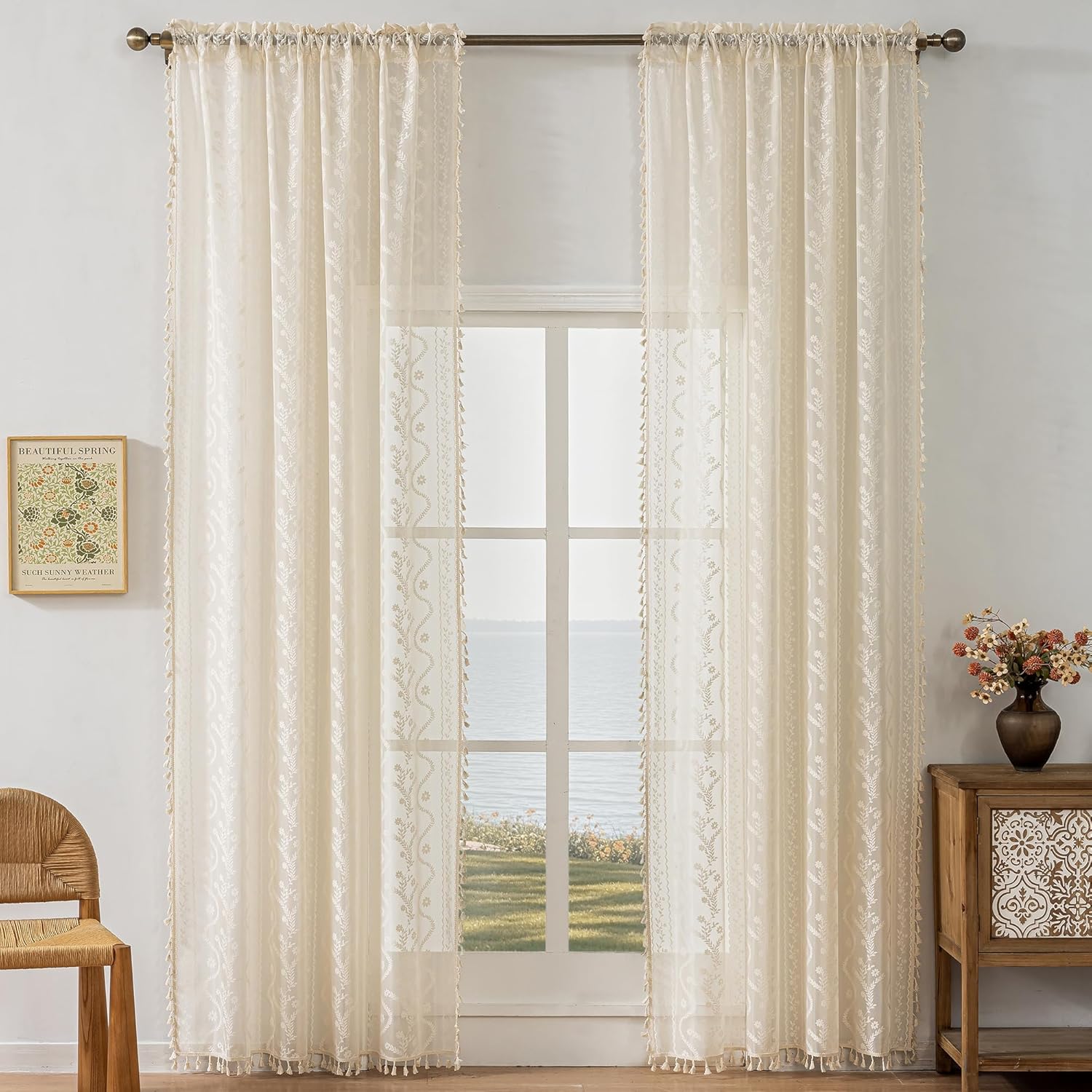 WAZZIO Boho Lace Curtains 2 Panels 84 Inches Long-Cute Vintage Victorian Sheer Panels with French Country Flower Pattern & Tassel Light Filtering Privacy for Bedroom Dining Living Room,Beige