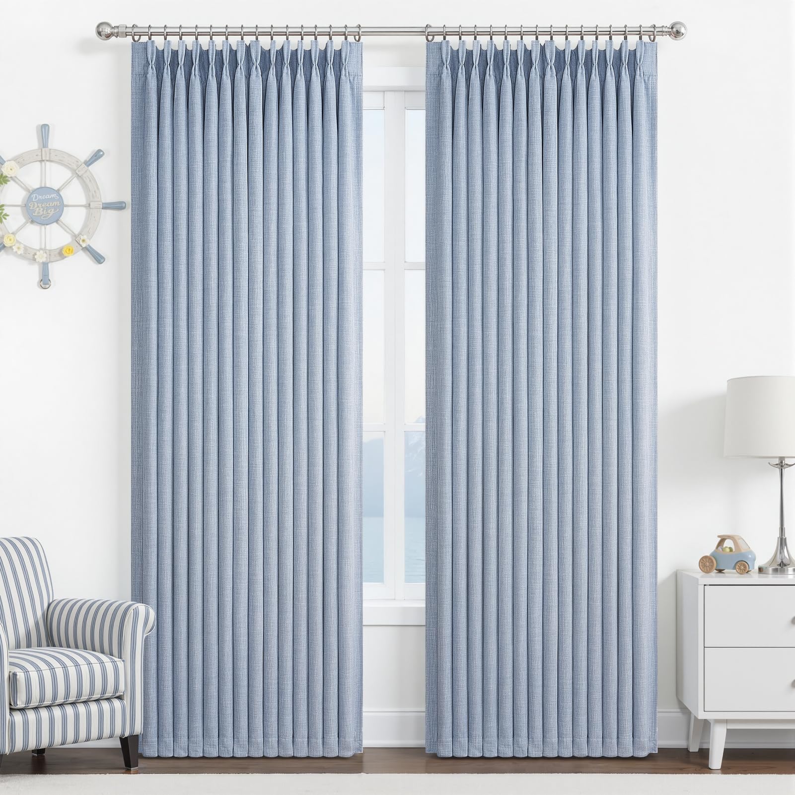 100% Blackout Linen 96 Inch Curtains 2 Panel Set for Bedroom, Modern Pinch Pleated Natural Linen Off Beige White Insulated Heavy Curtain 40 x 96 Inches Length Sliding Glass Door Room Darkening Drapes