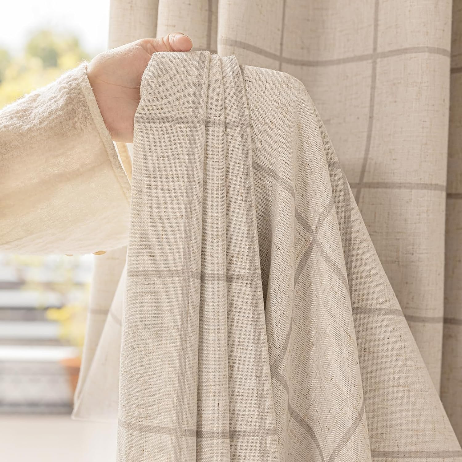 THREE GIRLS Pinch Pleated Plaid Curtains Blackout Linen Gingham Curtains for Living Room,Bedroom Checkered Patterned Insulated 84 Inches Long Double Layer 2 Panels Set Printed Design Darkening