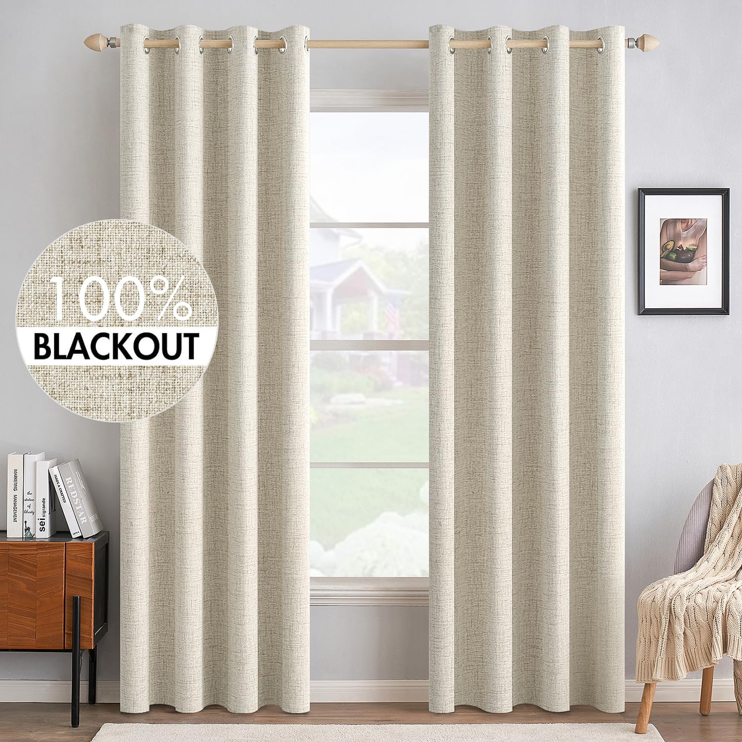 MIULEE 90 Inches Linen Textured Curtains for Bedroom 100% Blackout Thermal Insulated Natural Beige Grommet Room Darkening Curtains & Drapes Luxury Decor for Living Room Nursery 52 x 90 Inch (2 Panels)