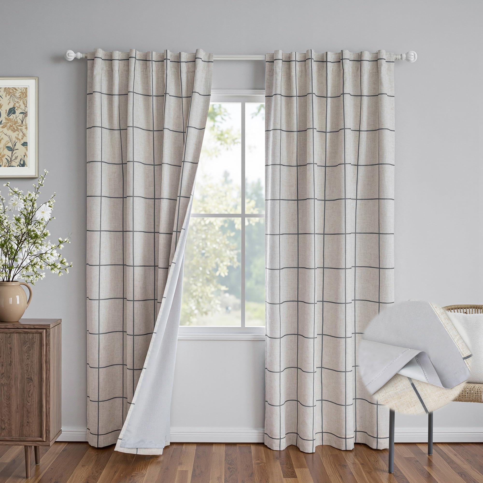 MYSKY HOME 100% Blackout Plaid Farmhouse Linen Curtains 84 Inch Long for Living Room Double Layer Windowpane Drapes Thermal Insulated Privacy Protection Rod Pocket Back Tab, 52" W, Black, 1 Panel