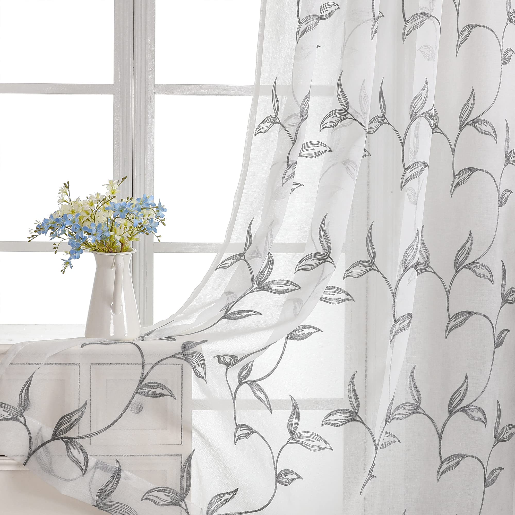 VISIONTEX Sheer Curtains 84 Inches Long 2 Panels Set Cream Beige Embroidered Floral Leaf Pattern Rod Pocket Semi Sheer Voile Window Curtains/Drapes for Bedroom Living Room 54 x 84 Inches