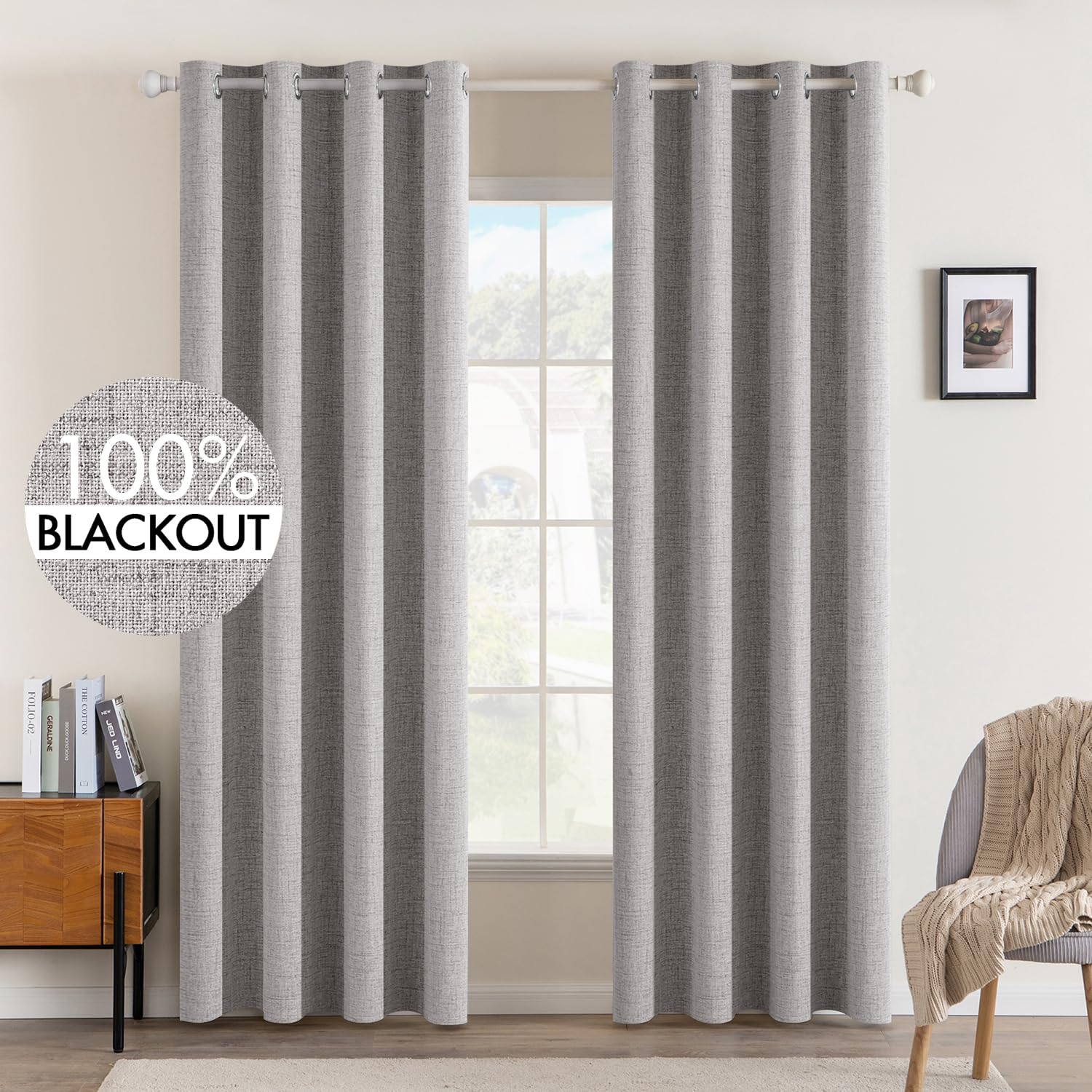 MIULEE 90 Inches Linen Textured Curtains for Bedroom 100% Blackout Thermal Insulated Natural Beige Grommet Room Darkening Curtains & Drapes Luxury Decor for Living Room Nursery 52 x 90 Inch (2 Panels)