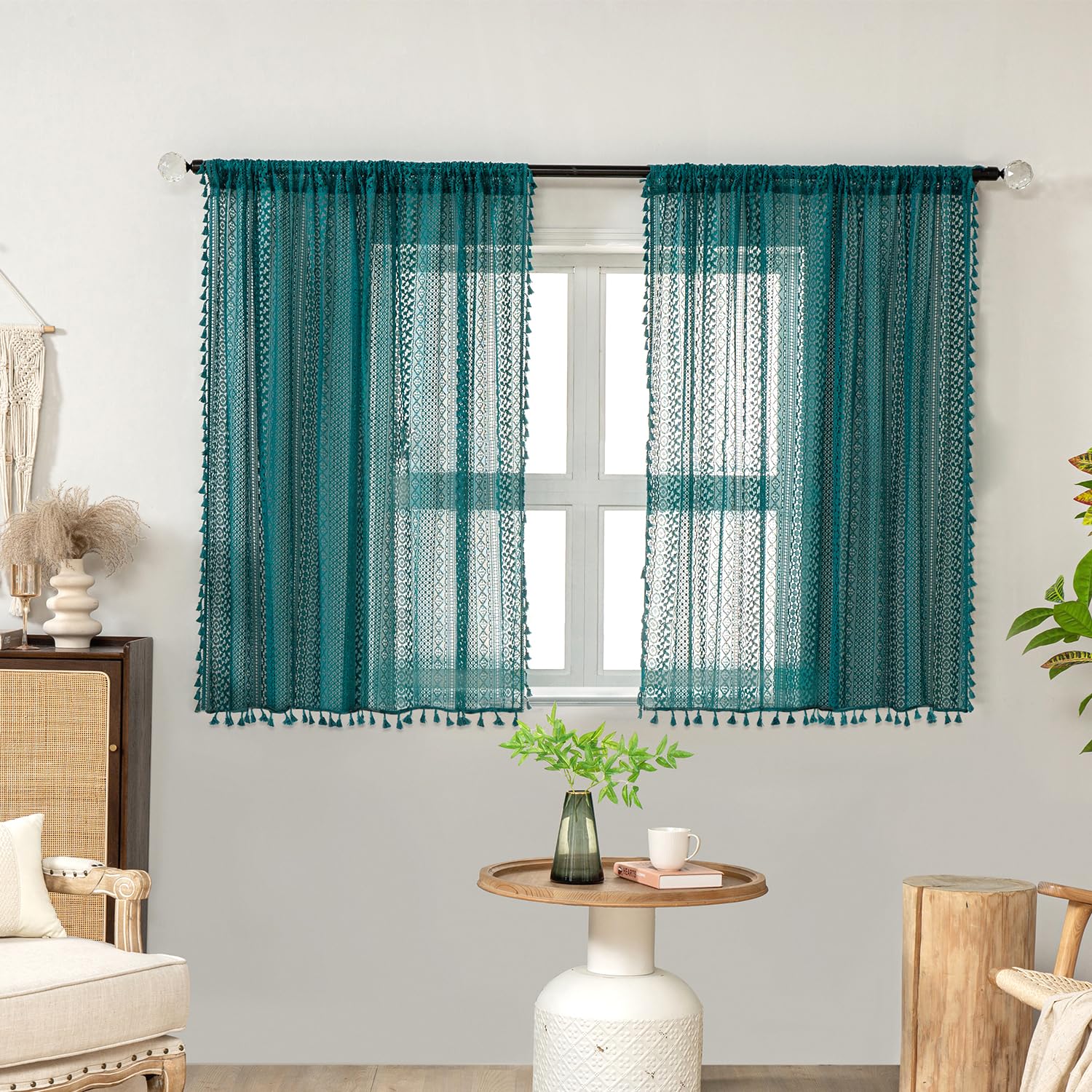 WAZZIO Boho Crochet Curtains for Living Room Lace Curtains 84 Inches Long 2 Panel, Rod Pocket Vintage Tassel Bohemian Decor Geometry Striped Light Filtering Semi Sheer Curtain Drapes for Bedroom,Beige