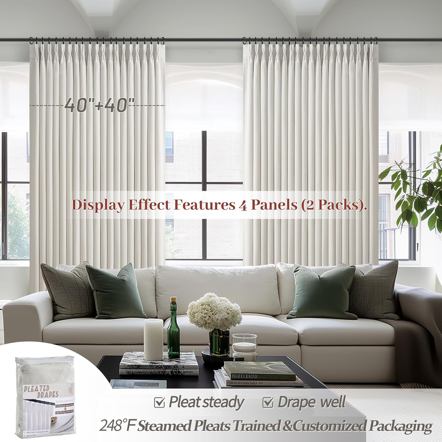 100% Blackout Linen 96 Inch Curtains 2 Panel Set for Bedroom, Modern Pinch Pleated Natural Linen Off Beige White Insulated Heavy Curtain 40 x 96 Inches Length Sliding Glass Door Room Darkening Drapes