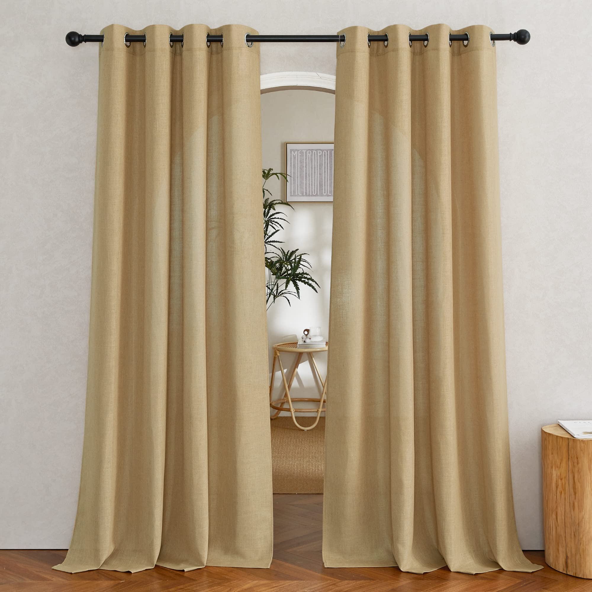 NICETOWN Semi Sheer Beige Curtains 84 inches Long, Grommet Retro Linen Curtains Window Treatments Vertical Drapes Privacy with Light Filter for Living Room, W52 x L84, 2 Panels