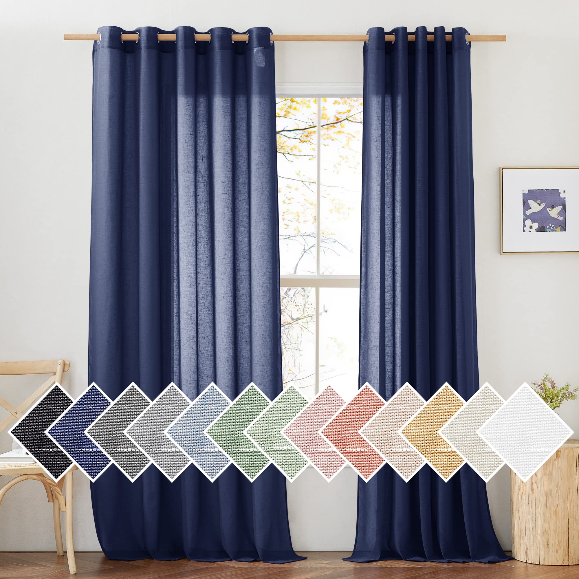 NICETOWN Semi Sheer Beige Curtains 84 inches Long, Grommet Retro Linen Curtains Window Treatments Vertical Drapes Privacy with Light Filter for Living Room, W52 x L84, 2 Panels