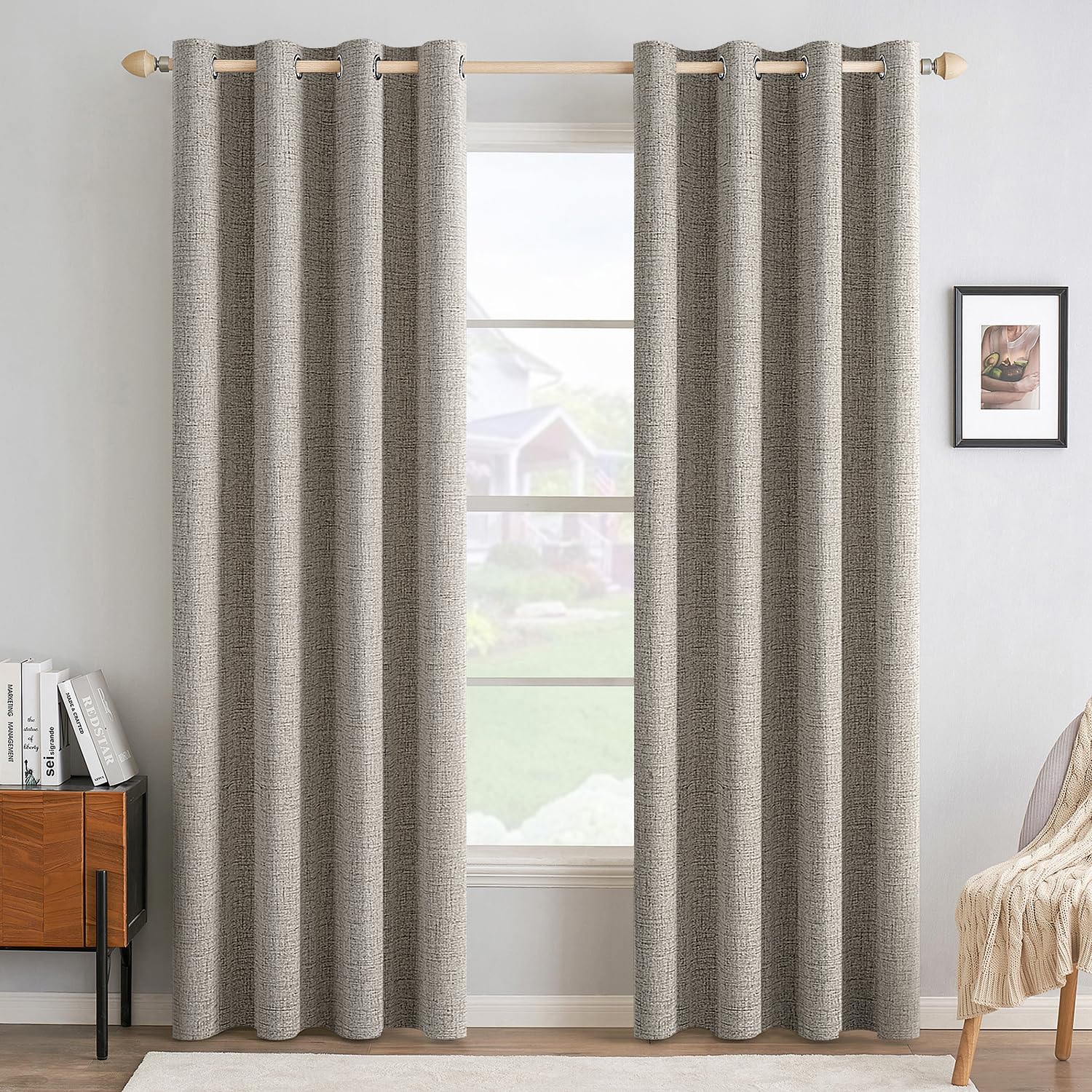 MIULEE 90 Inches Linen Textured Curtains for Bedroom 100% Blackout Thermal Insulated Natural Beige Grommet Room Darkening Curtains & Drapes Luxury Decor for Living Room Nursery 52 x 90 Inch (2 Panels)
