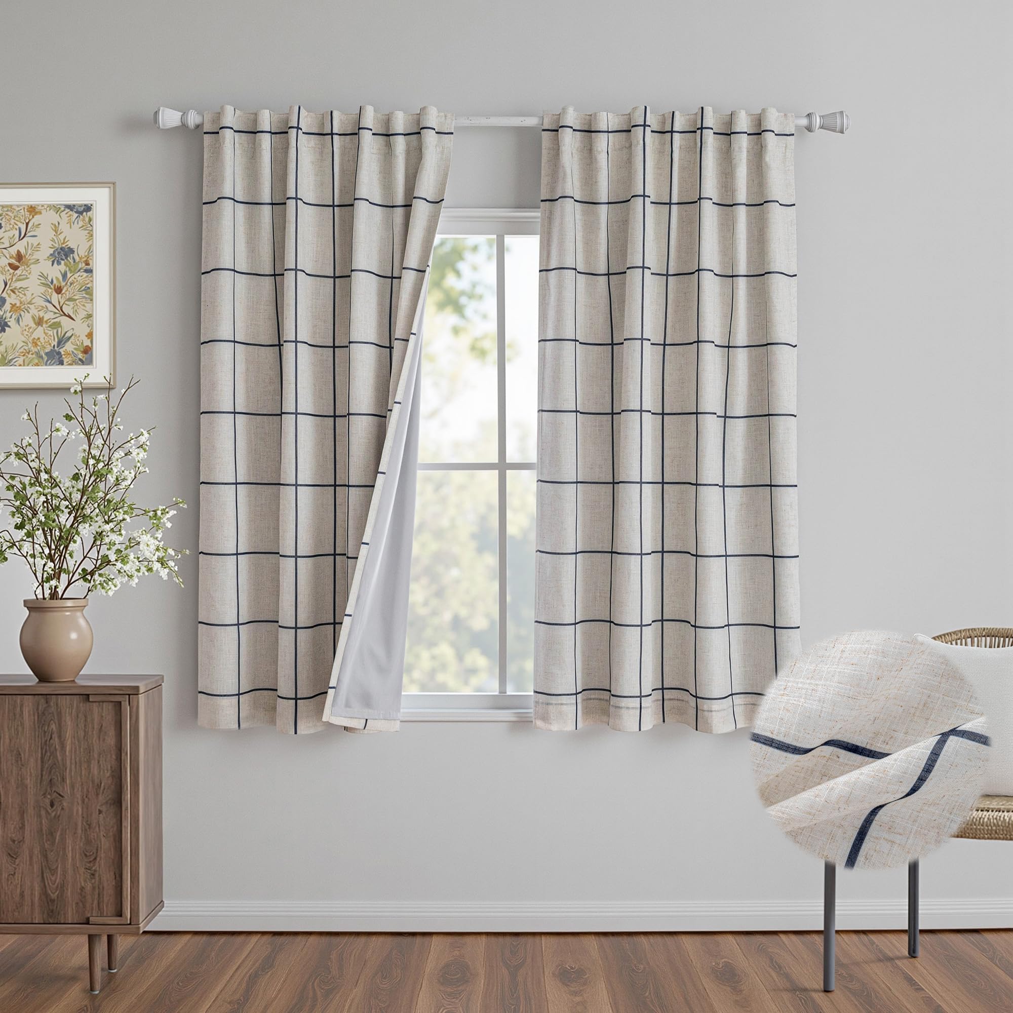 MYSKY HOME 100% Blackout Plaid Farmhouse Linen Curtains 84 Inch Long for Living Room Double Layer Windowpane Drapes Thermal Insulated Privacy Protection Rod Pocket Back Tab, 52" W, Black, 1 Panel