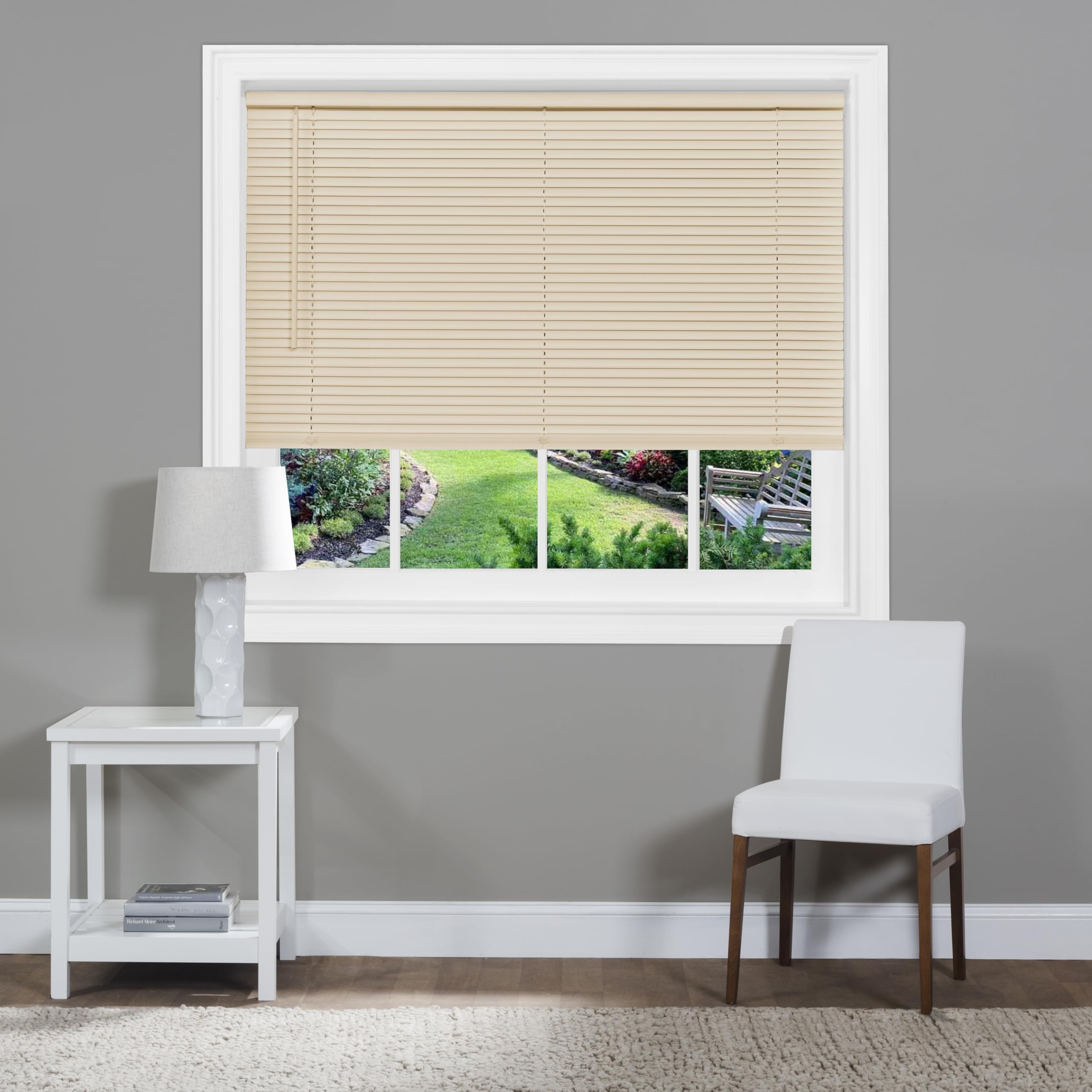 Cordless Light Filtering Mini Blind - 39 Inch Width, 64 Inch Length, 1" Slat Size - Pearl White - Cordless GII Morningstar Horizontal Windows Blinds for Interior by Achim Home Decor