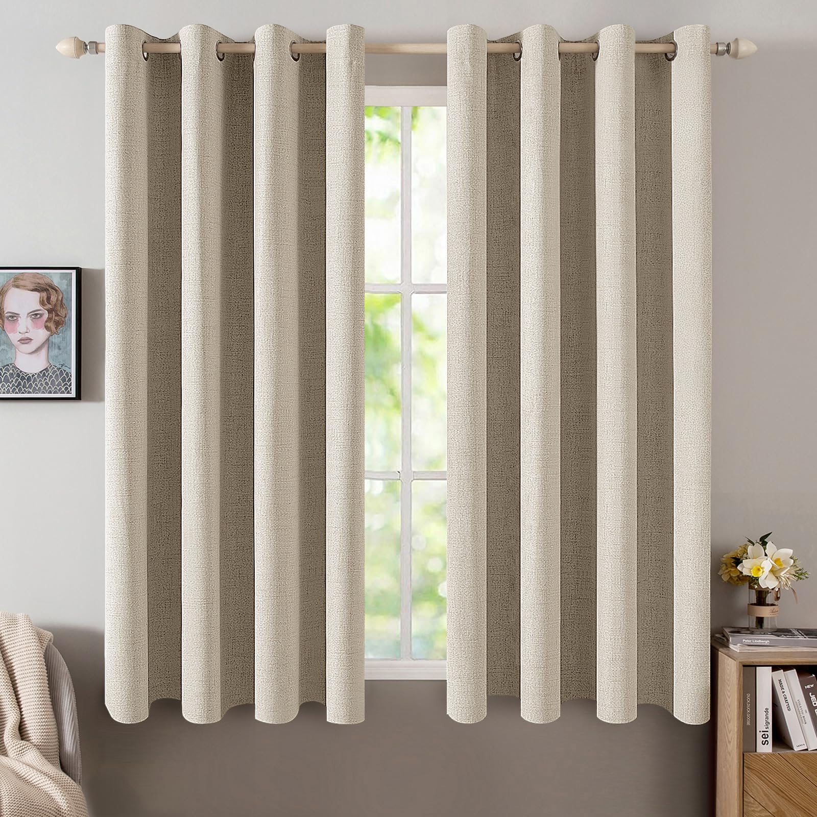 MIULEE 90 Inches Linen Textured Curtains for Bedroom 100% Blackout Thermal Insulated Natural Beige Grommet Room Darkening Curtains & Drapes Luxury Decor for Living Room Nursery 52 x 90 Inch (2 Panels)