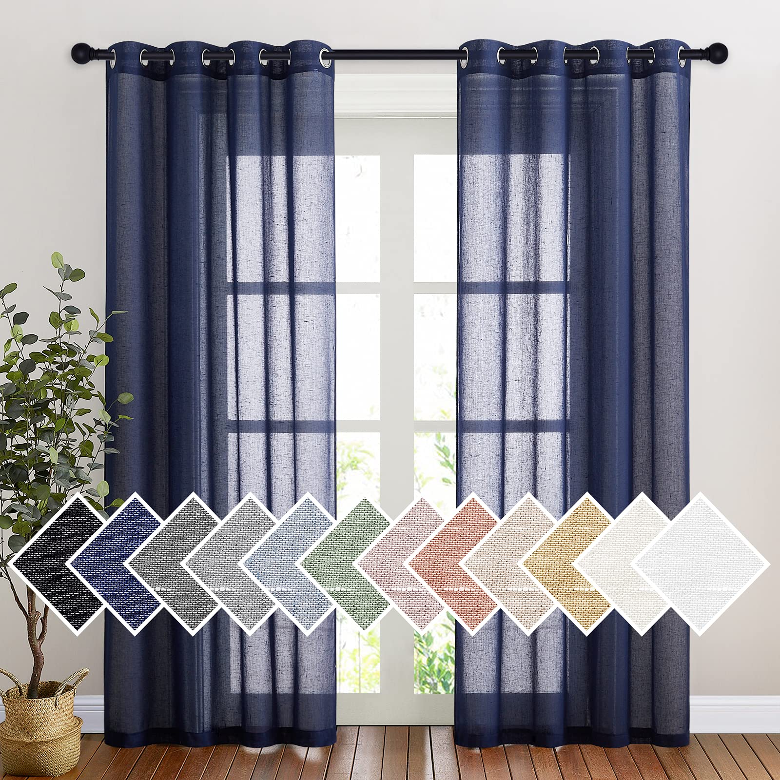 NICETOWN Semi Sheer Beige Curtains 84 inches Long, Grommet Retro Linen Curtains Window Treatments Vertical Drapes Privacy with Light Filter for Living Room, W52 x L84, 2 Panels