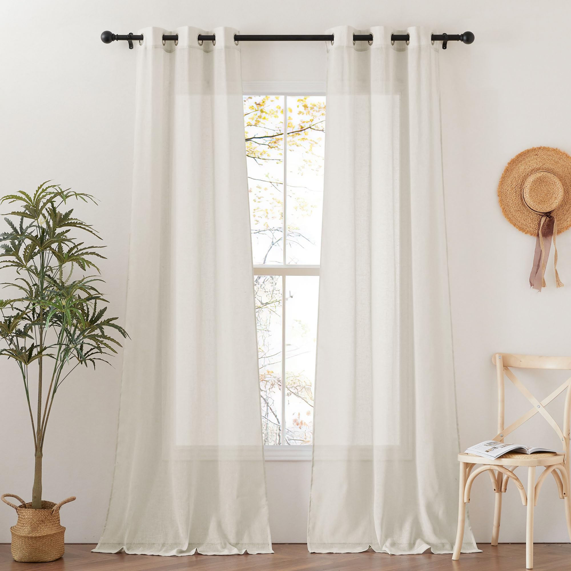 NICETOWN Semi Sheer Beige Curtains 84 inches Long, Grommet Retro Linen Curtains Window Treatments Vertical Drapes Privacy with Light Filter for Living Room, W52 x L84, 2 Panels