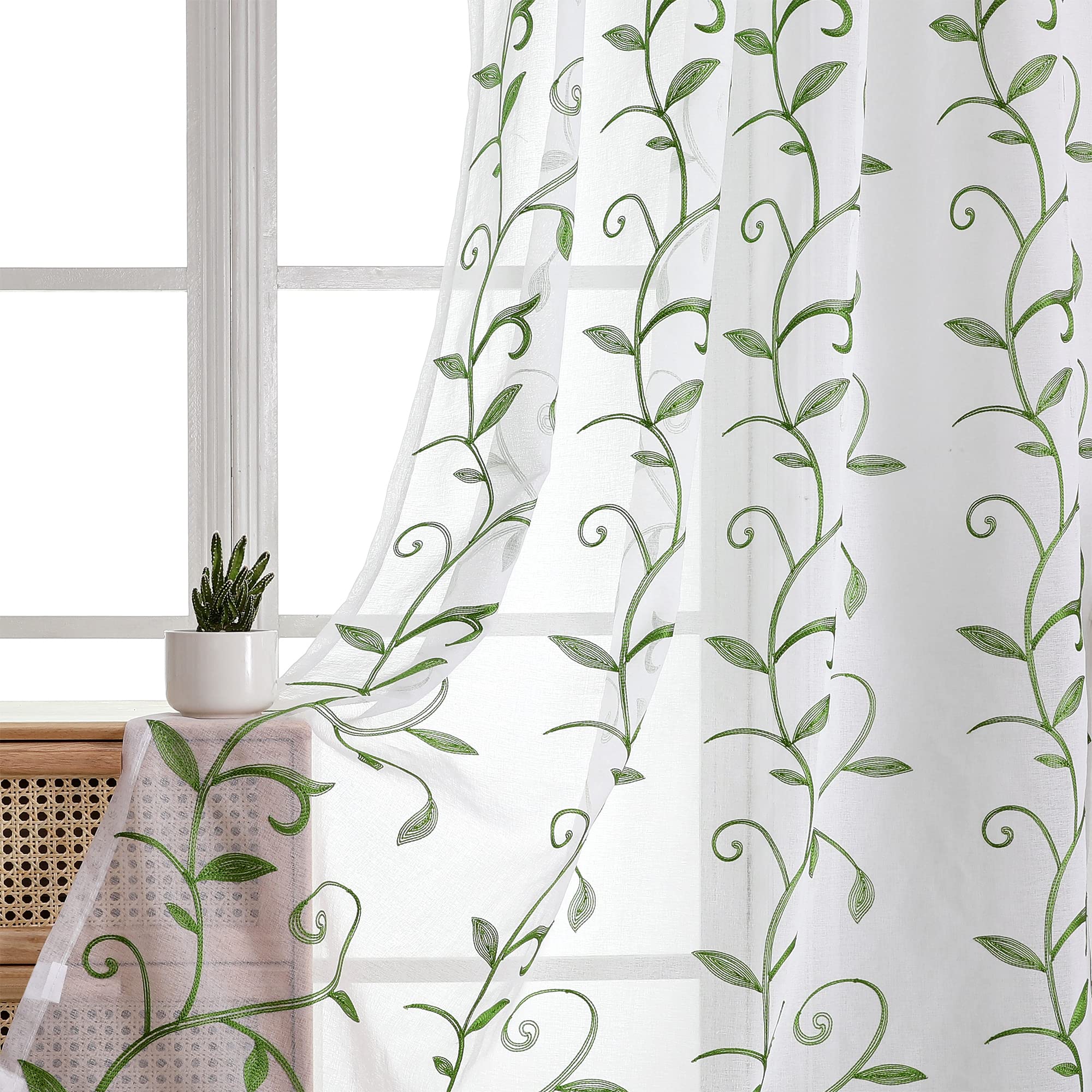 VISIONTEX Sheer Curtains 84 Inches Long 2 Panels Set Cream Beige Embroidered Floral Leaf Pattern Rod Pocket Semi Sheer Voile Window Curtains/Drapes for Bedroom Living Room 54 x 84 Inches