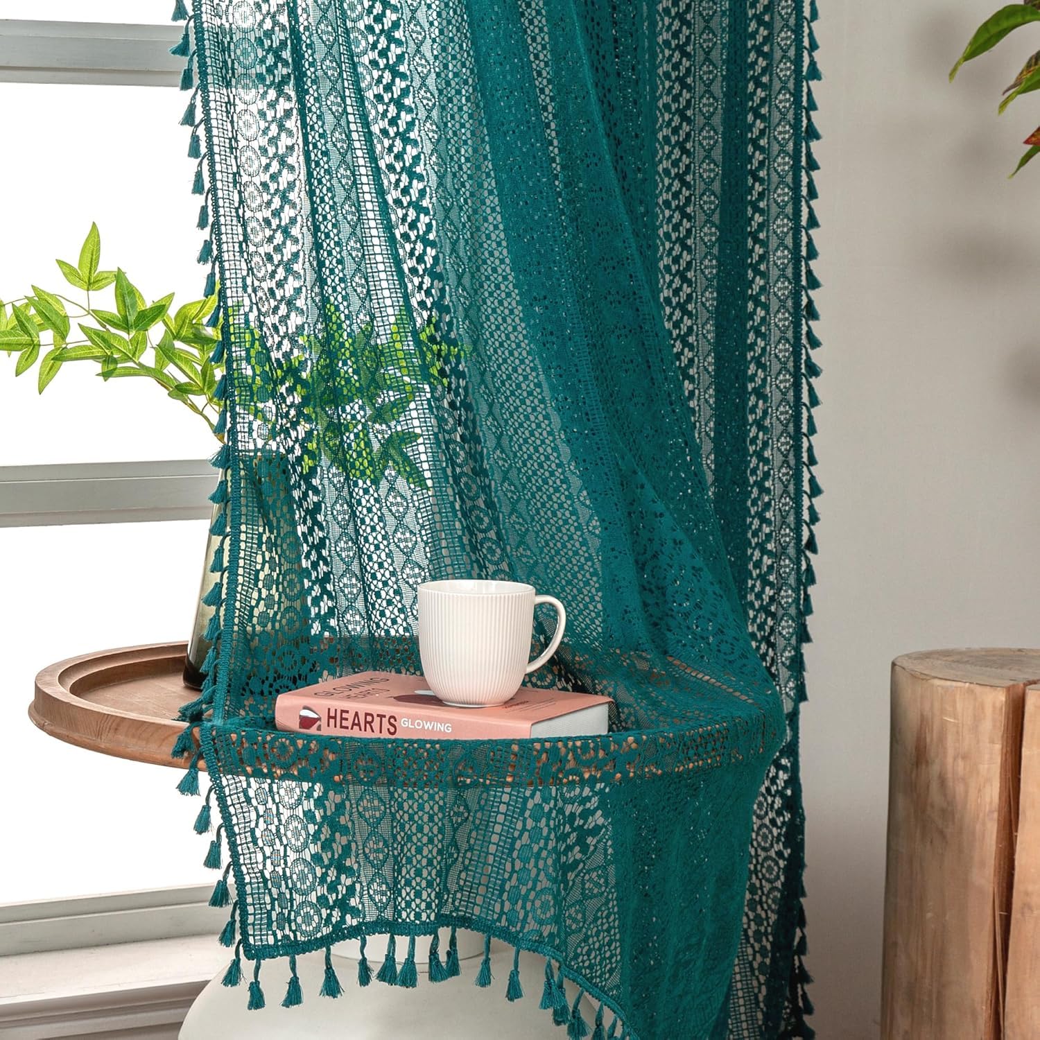 WAZZIO Boho Crochet Curtains for Living Room Lace Curtains 84 Inches Long 2 Panel, Rod Pocket Vintage Tassel Bohemian Decor Geometry Striped Light Filtering Semi Sheer Curtain Drapes for Bedroom,Beige