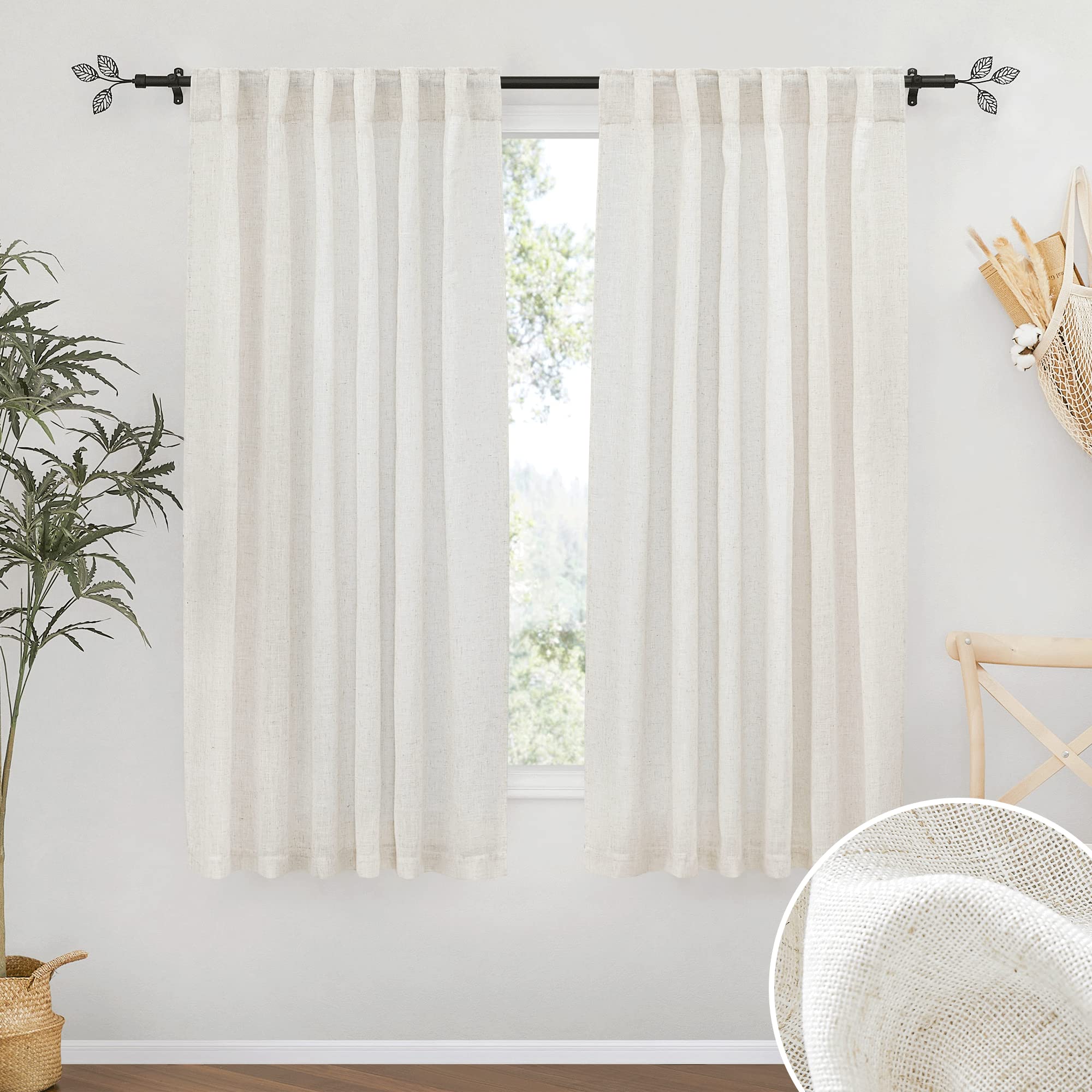 RYB HOME White Sheer Curtains Linen Texture Window Panels, Semi Sheer Light Filetring Rod Pocket & Back Tab Drapes for Bedroom, 52 x 84 inches, Pack of 2