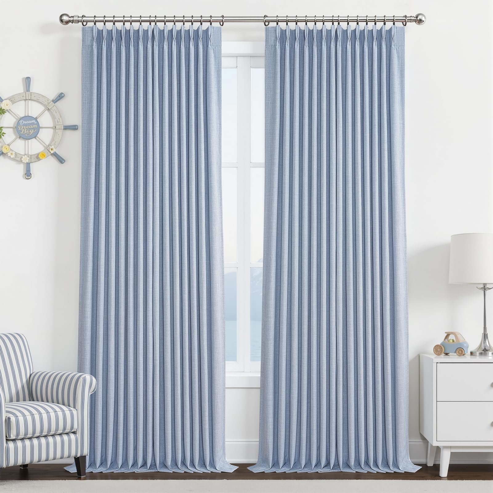 100% Blackout Linen 96 Inch Curtains 2 Panel Set for Bedroom, Modern Pinch Pleated Natural Linen Off Beige White Insulated Heavy Curtain 40 x 96 Inches Length Sliding Glass Door Room Darkening Drapes