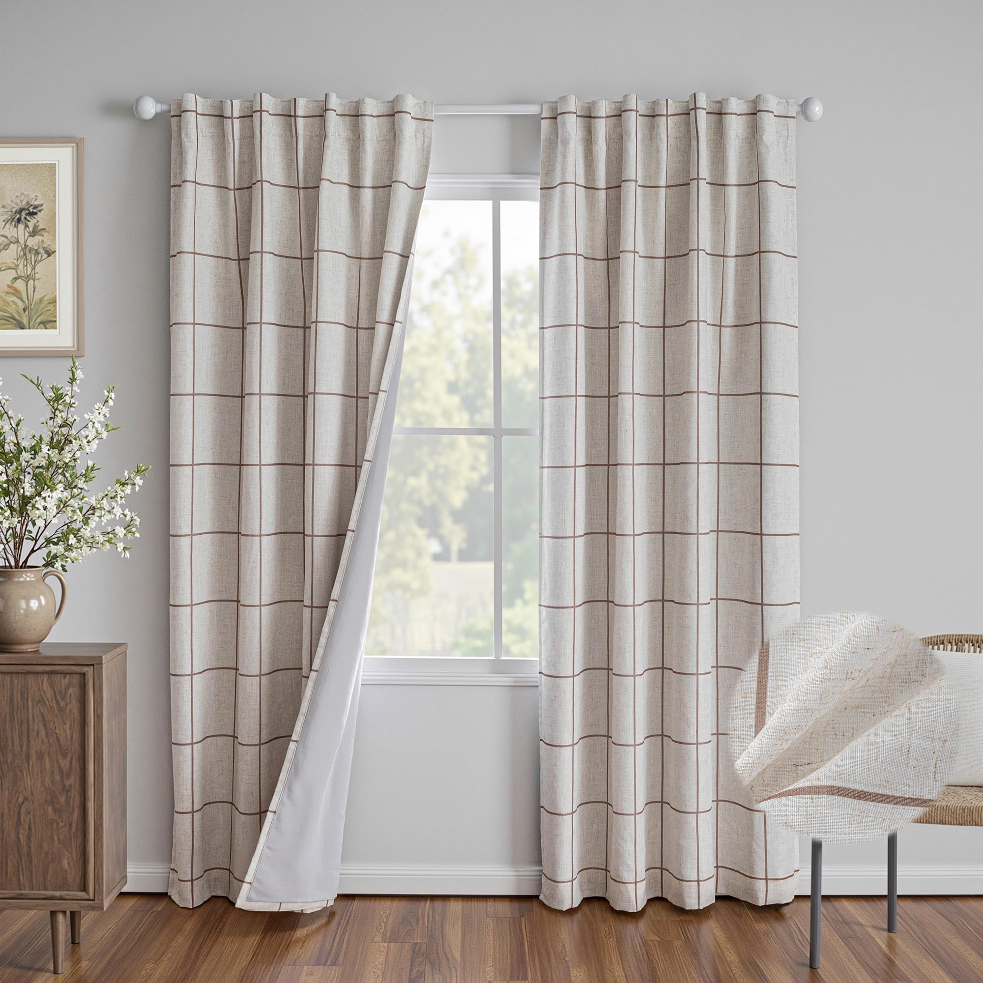 MYSKY HOME 100% Blackout Plaid Farmhouse Linen Curtains 84 Inch Long for Living Room Double Layer Windowpane Drapes Thermal Insulated Privacy Protection Rod Pocket Back Tab, 52" W, Black, 1 Panel