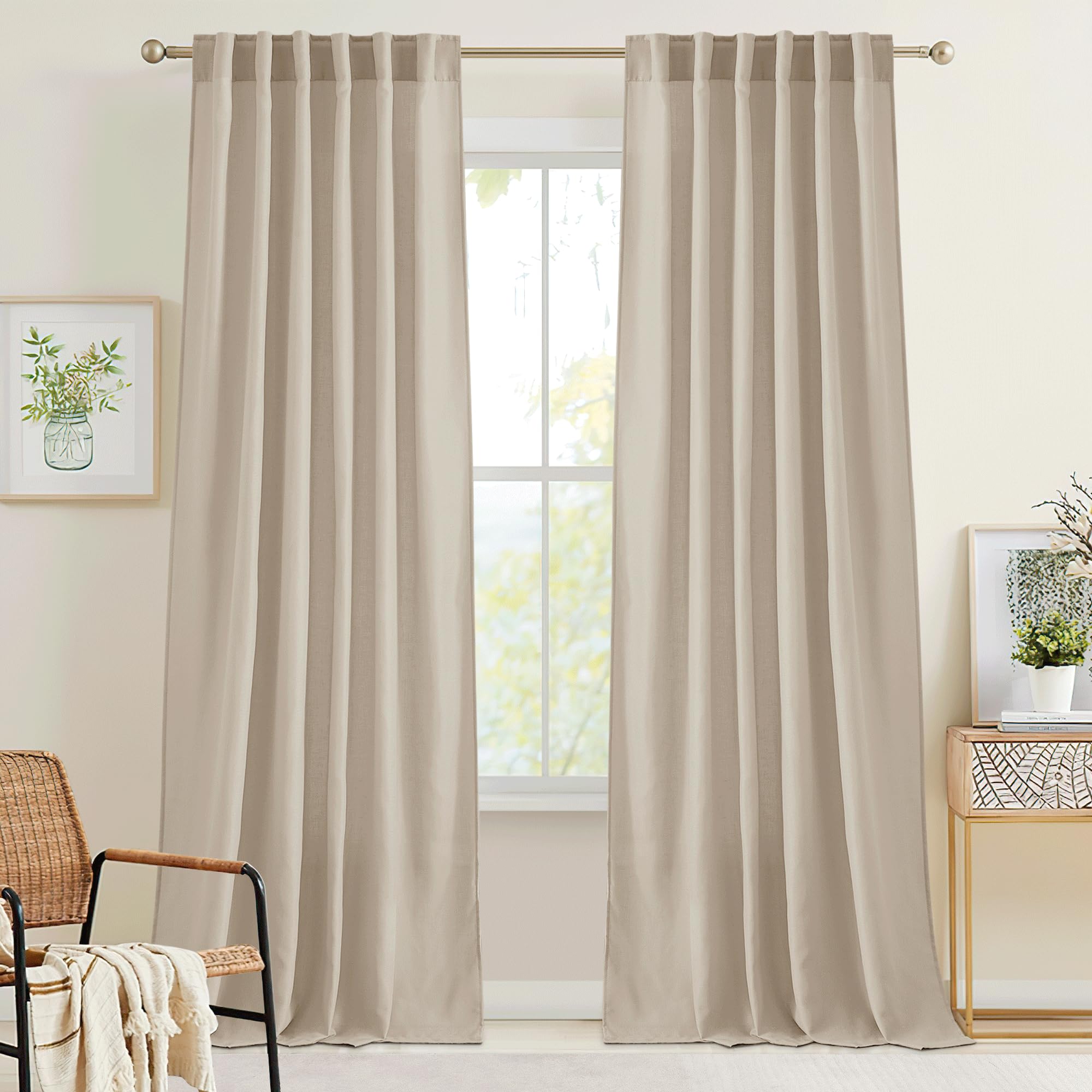 RYB HOME White Sheer Curtains Linen Texture Window Panels, Semi Sheer Light Filetring Rod Pocket & Back Tab Drapes for Bedroom, 52 x 84 inches, Pack of 2
