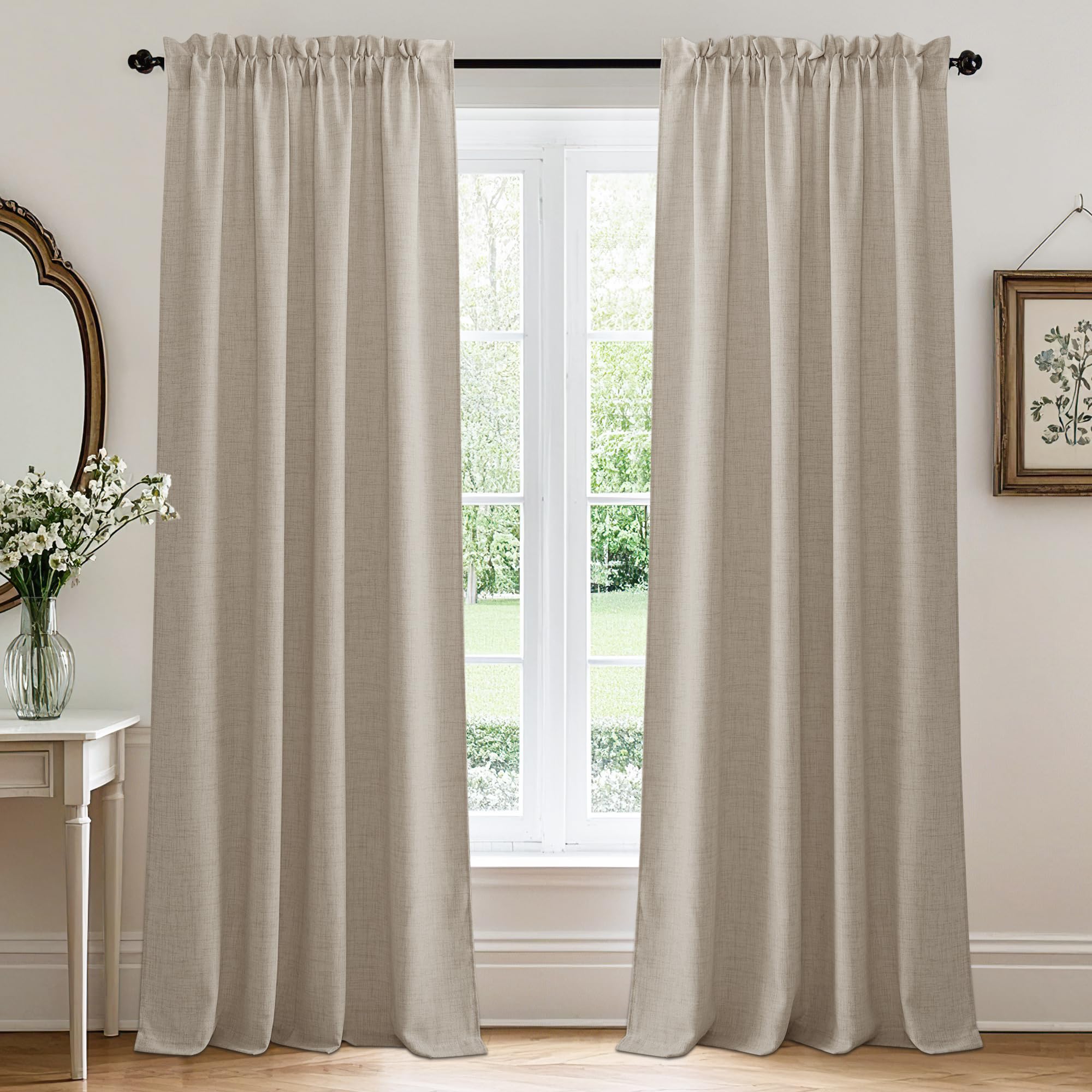 RYB HOME White Sheer Curtains Linen Texture Window Panels, Semi Sheer Light Filetring Rod Pocket & Back Tab Drapes for Bedroom, 52 x 84 inches, Pack of 2