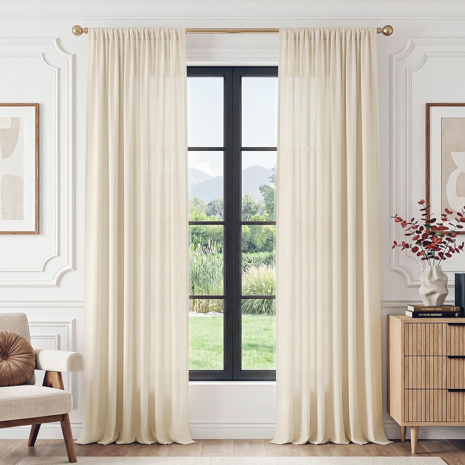 FMFUNCTEX Sheer Non-See-Through Butter Cream Curtains 108 inches Long for Living Room, Faux Silk That Let Light Curtains Light Filtering Privacy Sheer Window Drapes for Living Room, Rod Pocket 2Panels