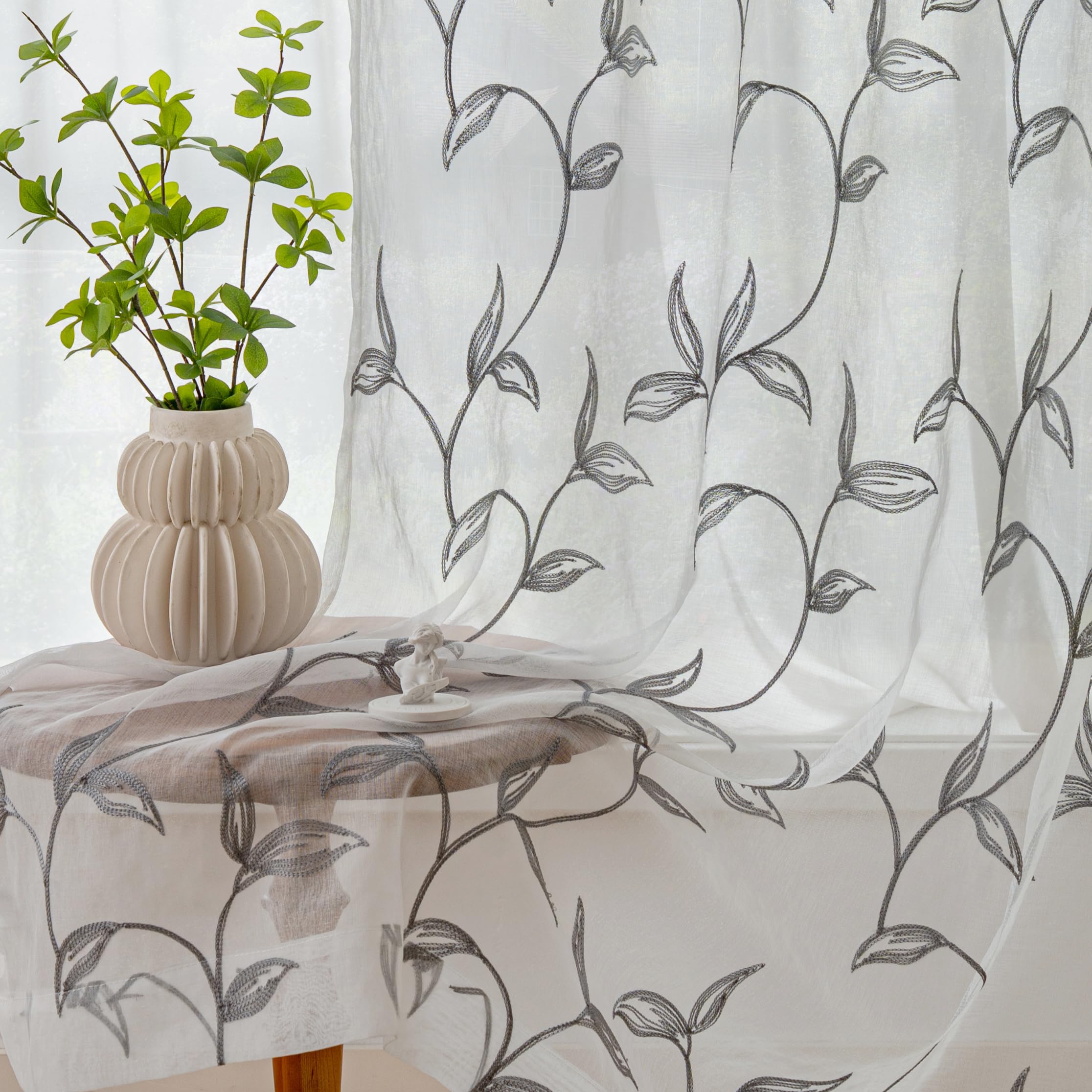 VISIONTEX Sheer Curtains 84 Inches Long 2 Panels Set Cream Beige Embroidered Floral Leaf Pattern Rod Pocket Semi Sheer Voile Window Curtains/Drapes for Bedroom Living Room 54 x 84 Inches
