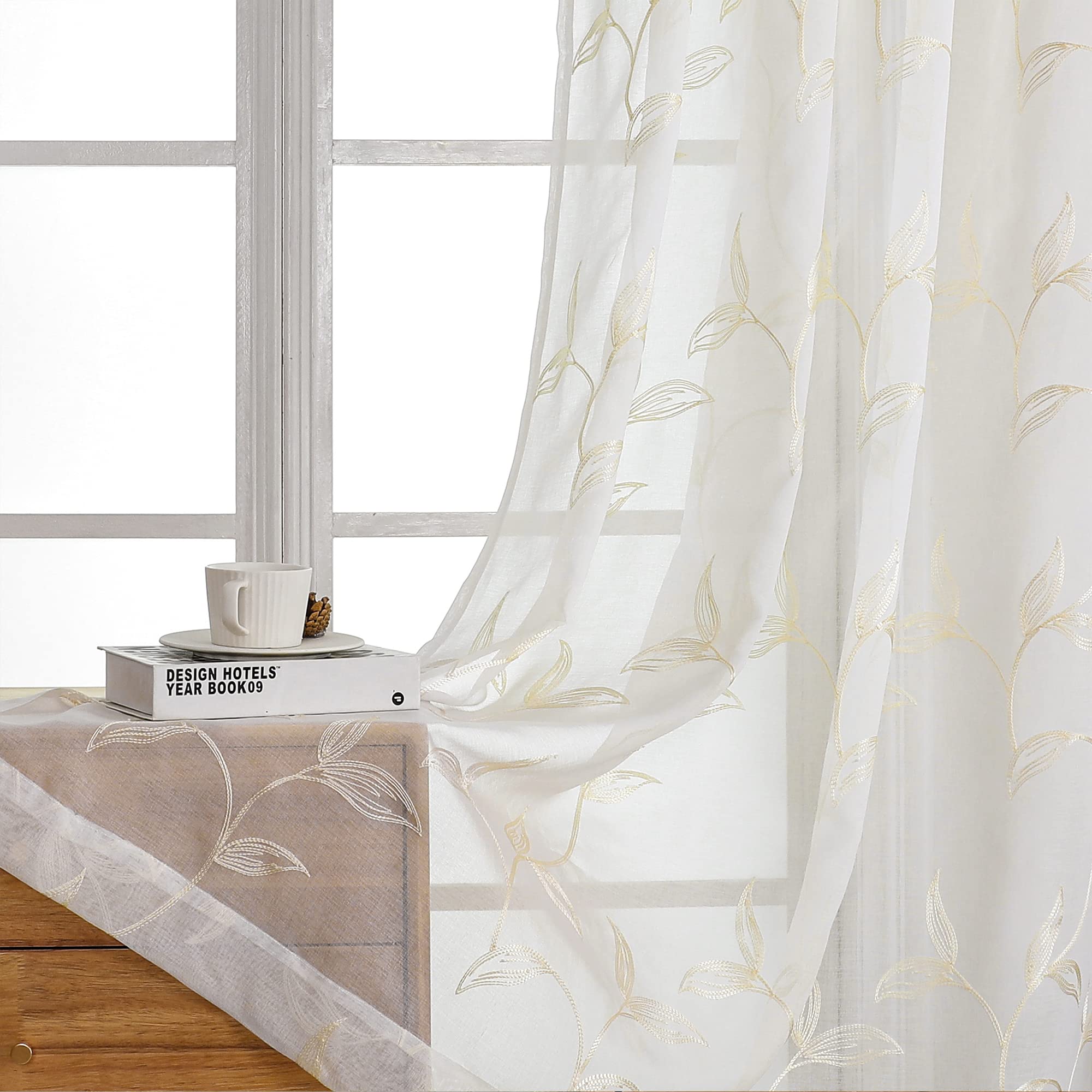 VISIONTEX Sheer Curtains 84 Inches Long 2 Panels Set Cream Beige Embroidered Floral Leaf Pattern Rod Pocket Semi Sheer Voile Window Curtains/Drapes for Bedroom Living Room 54 x 84 Inches
