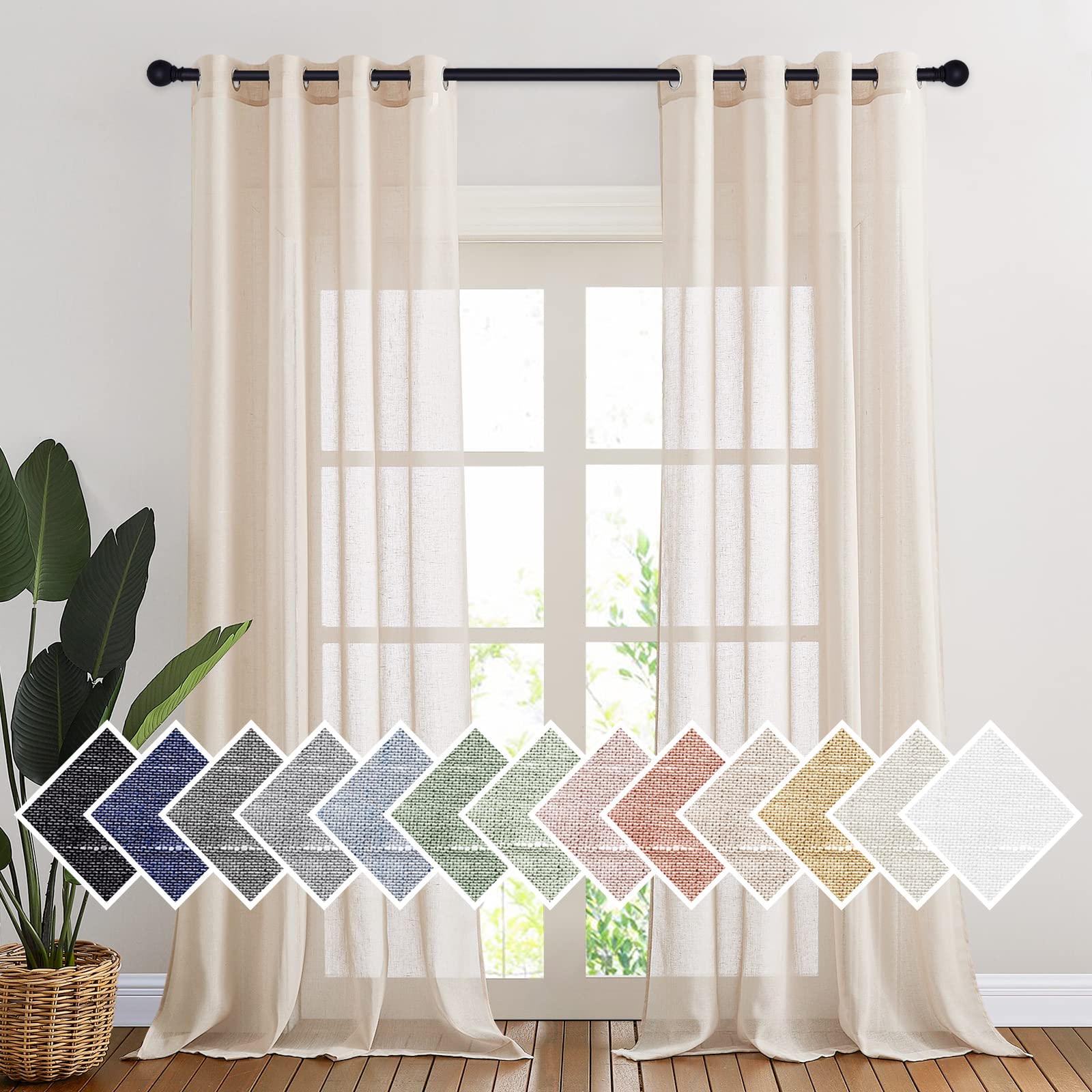 NICETOWN Semi Sheer Beige Curtains 84 inches Long, Grommet Retro Linen Curtains Window Treatments Vertical Drapes Privacy with Light Filter for Living Room, W52 x L84, 2 Panels