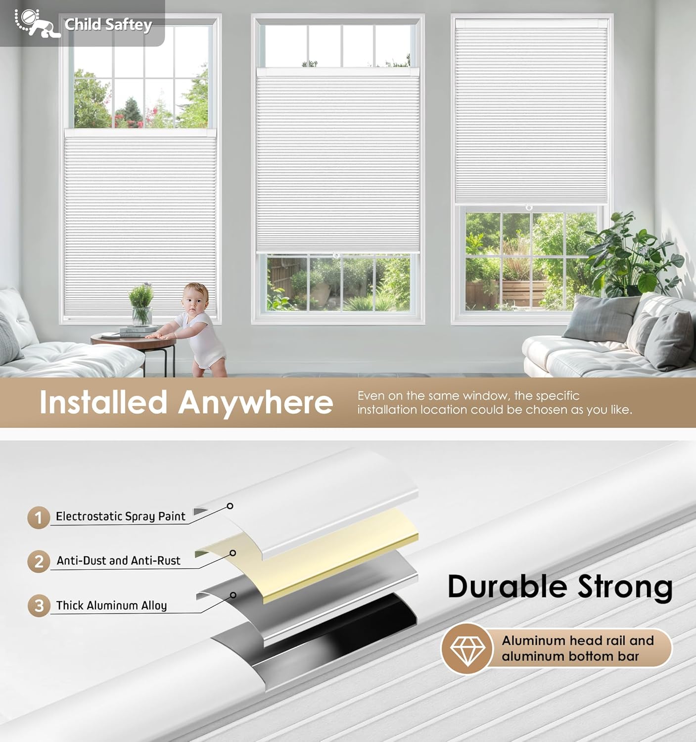 LazBlinds No Tools No Drill Cordless Cellular Shades, Blackout Light Blocking Honeycomb Shades for Home, Thermal Insulation Blinds for Windows, 22" W x 36" H, White