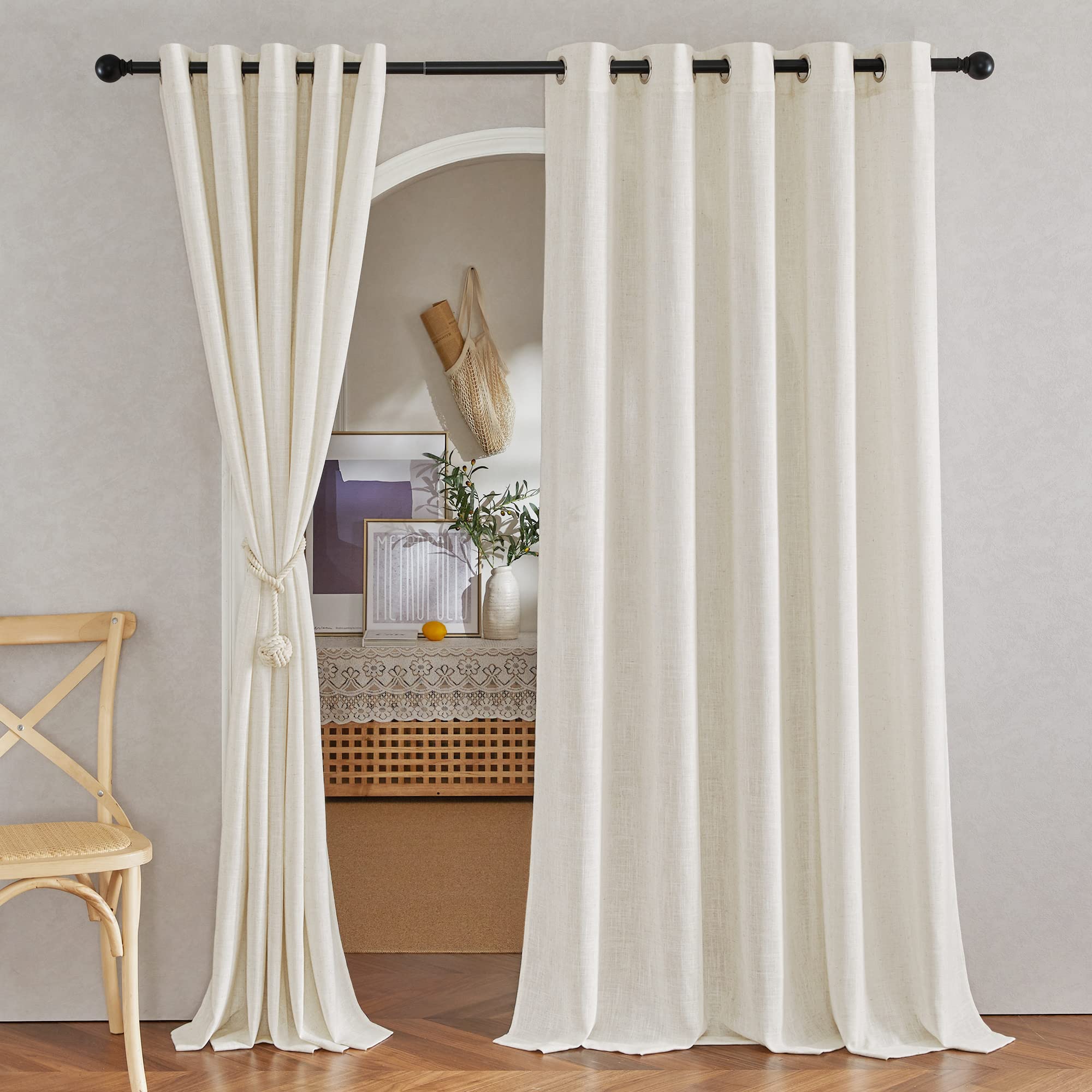 NICETOWN Semi Sheer Beige Curtains 84 inches Long, Grommet Retro Linen Curtains Window Treatments Vertical Drapes Privacy with Light Filter for Living Room, W52 x L84, 2 Panels