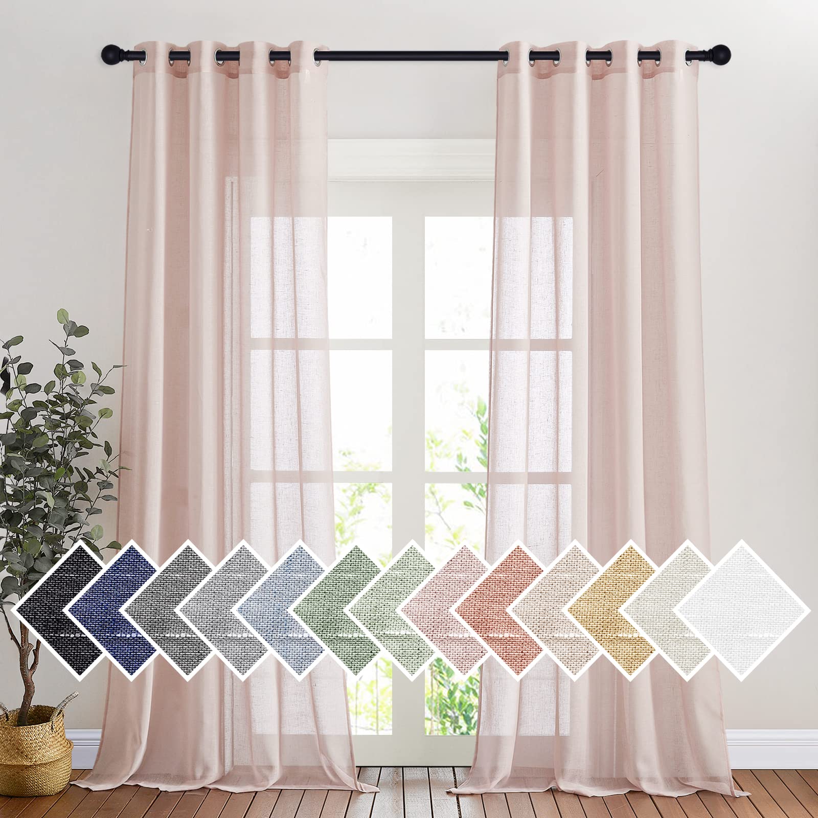 NICETOWN Semi Sheer Beige Curtains 84 inches Long, Grommet Retro Linen Curtains Window Treatments Vertical Drapes Privacy with Light Filter for Living Room, W52 x L84, 2 Panels