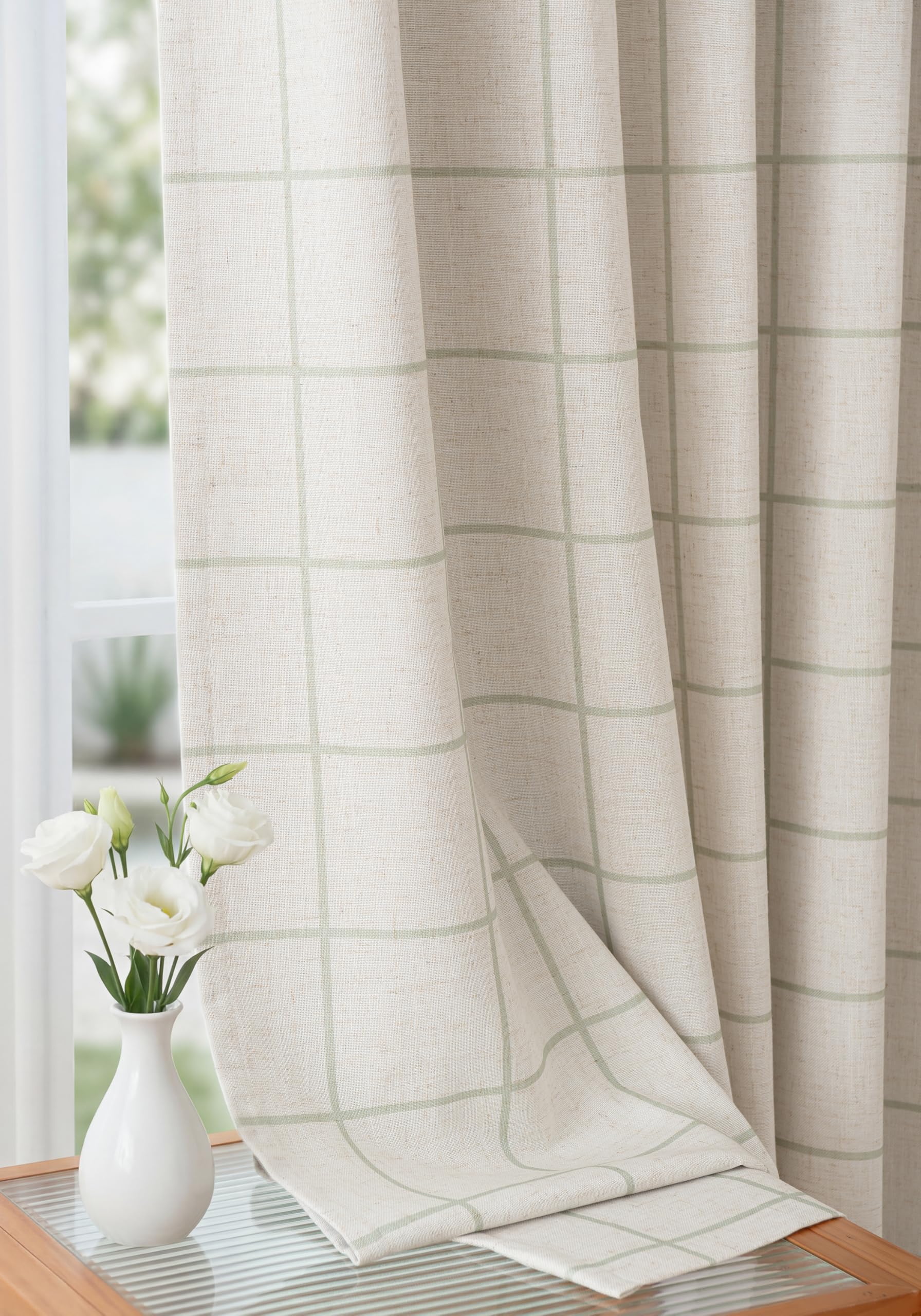 THREE GIRLS Pinch Pleated Plaid Curtains Blackout Linen Gingham Curtains for Living Room,Bedroom Checkered Patterned Insulated 84 Inches Long Double Layer 2 Panels Set Printed Design Darkening