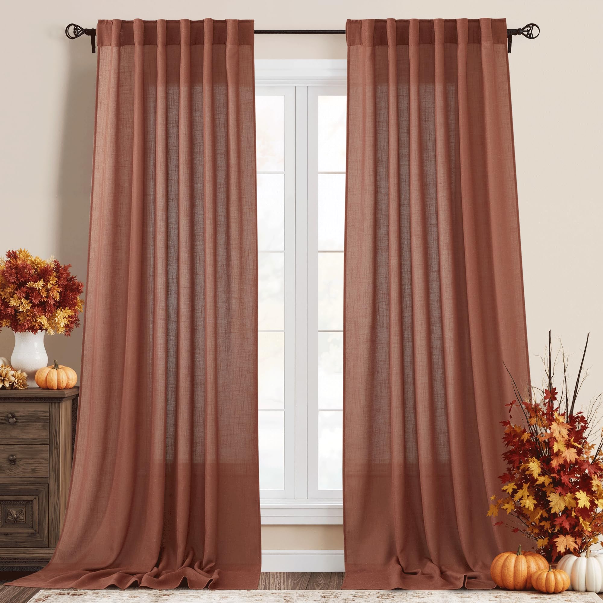 RYB HOME White Sheer Curtains Linen Texture Window Panels, Semi Sheer Light Filetring Rod Pocket & Back Tab Drapes for Bedroom, 52 x 84 inches, Pack of 2