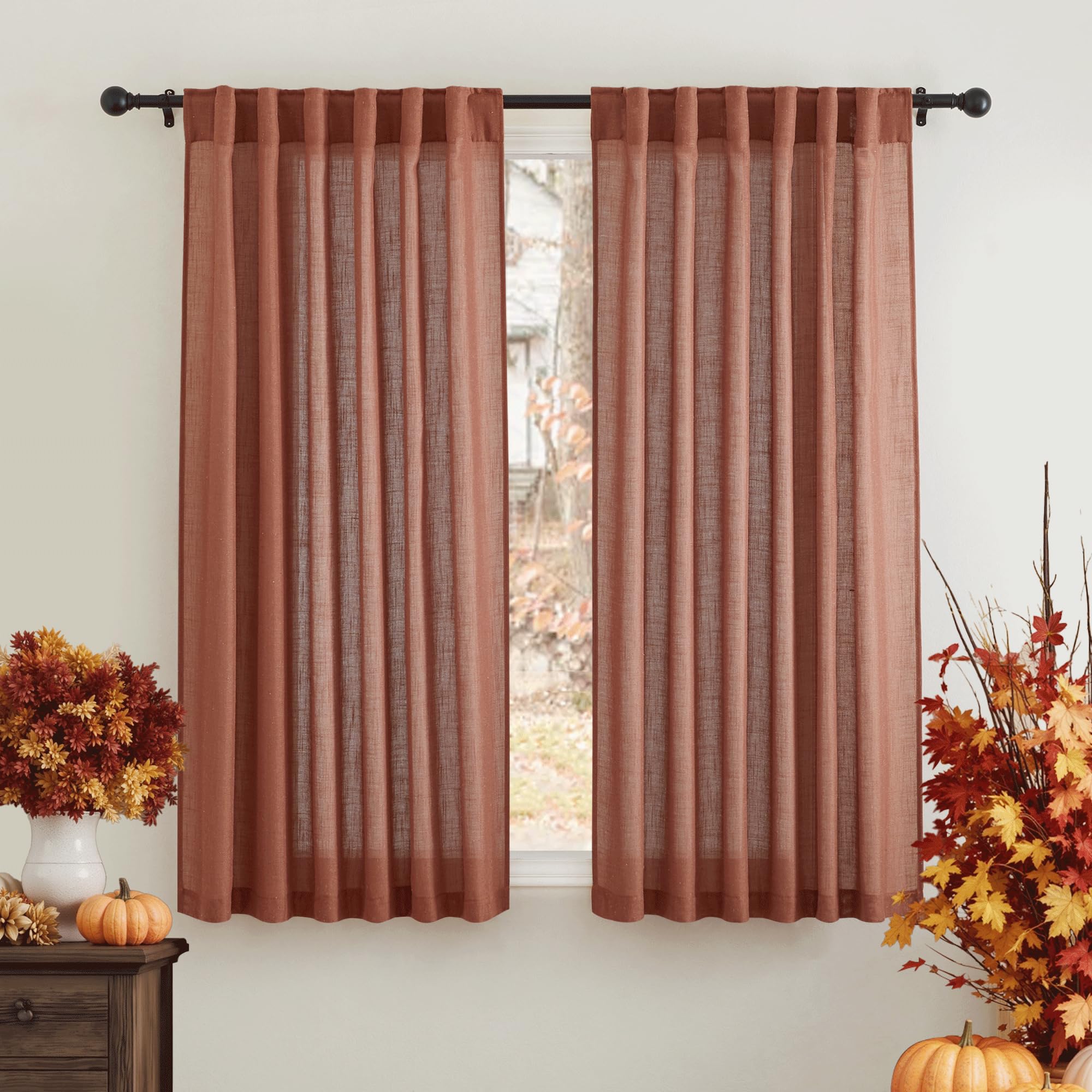 RYB HOME White Sheer Curtains Linen Texture Window Panels, Semi Sheer Light Filetring Rod Pocket & Back Tab Drapes for Bedroom, 52 x 84 inches, Pack of 2