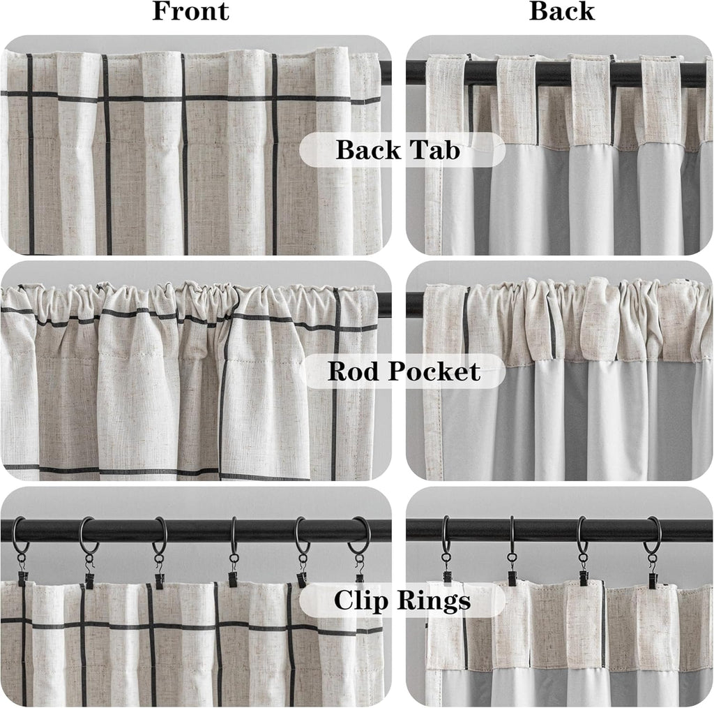 MYSKY HOME 100% Blackout Plaid Farmhouse Linen Curtains 84 Inch Long for Living Room Double Layer Windowpane Drapes Thermal Insulated Privacy Protection Rod Pocket Back Tab, 52" W, Black, 1 Panel