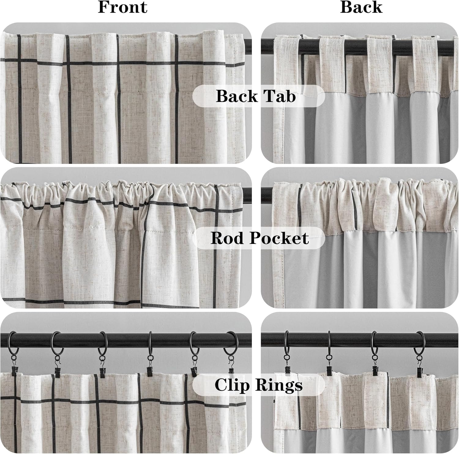 MYSKY HOME 100% Blackout Plaid Farmhouse Linen Curtains 84 Inch Long for Living Room Double Layer Windowpane Drapes Thermal Insulated Privacy Protection Rod Pocket Back Tab, 52" W, Black, 1 Panel
