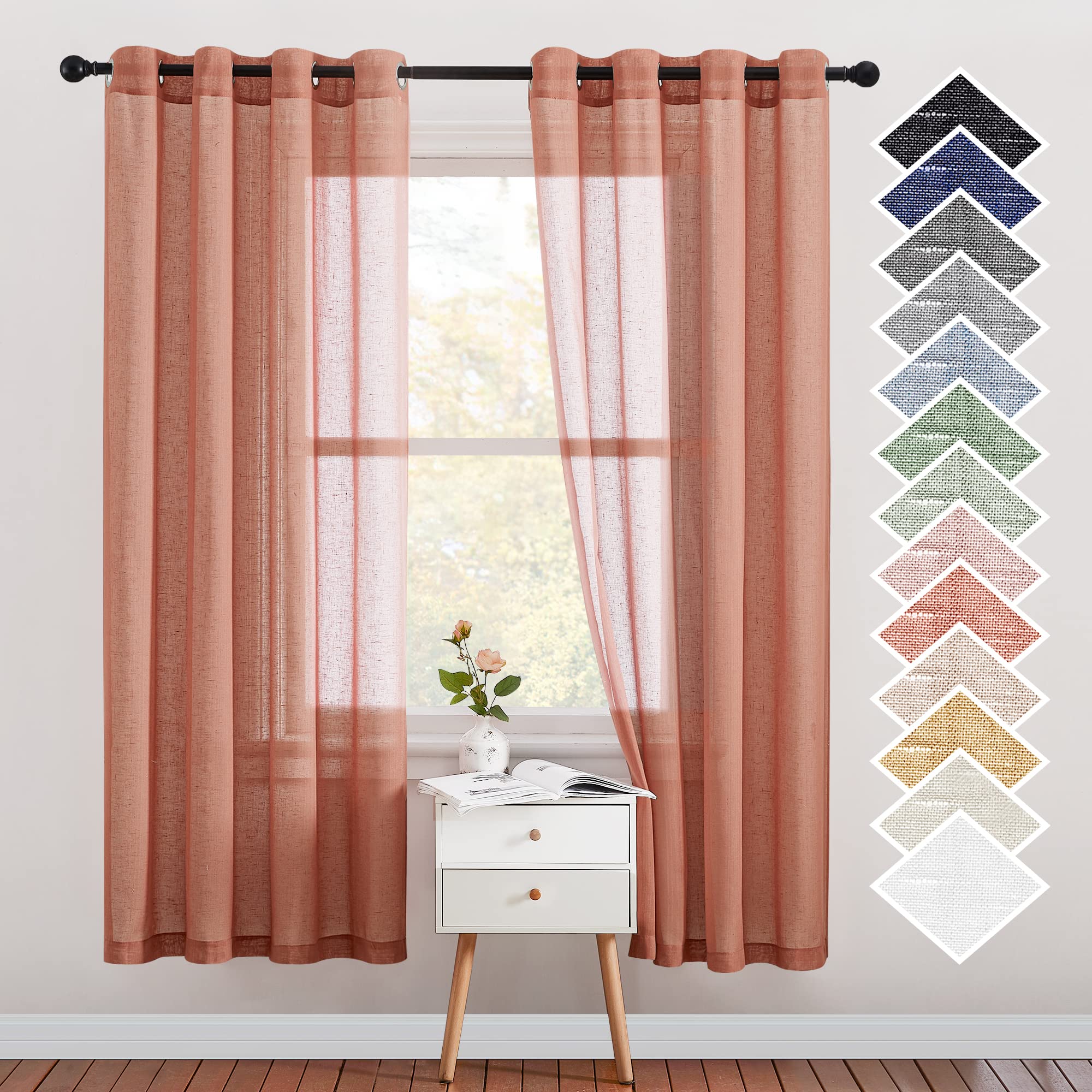NICETOWN Semi Sheer Beige Curtains 84 inches Long, Grommet Retro Linen Curtains Window Treatments Vertical Drapes Privacy with Light Filter for Living Room, W52 x L84, 2 Panels