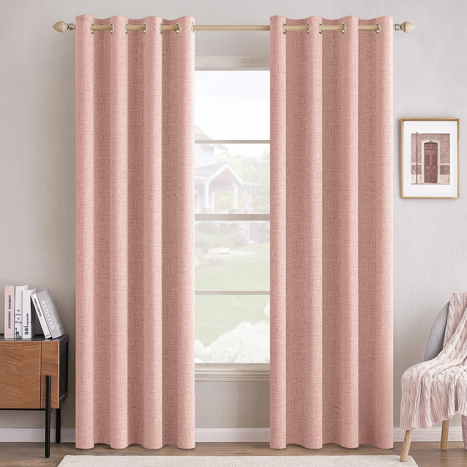 MIULEE 90 Inches Linen Textured Curtains for Bedroom 100% Blackout Thermal Insulated Natural Beige Grommet Room Darkening Curtains & Drapes Luxury Decor for Living Room Nursery 52 x 90 Inch (2 Panels)