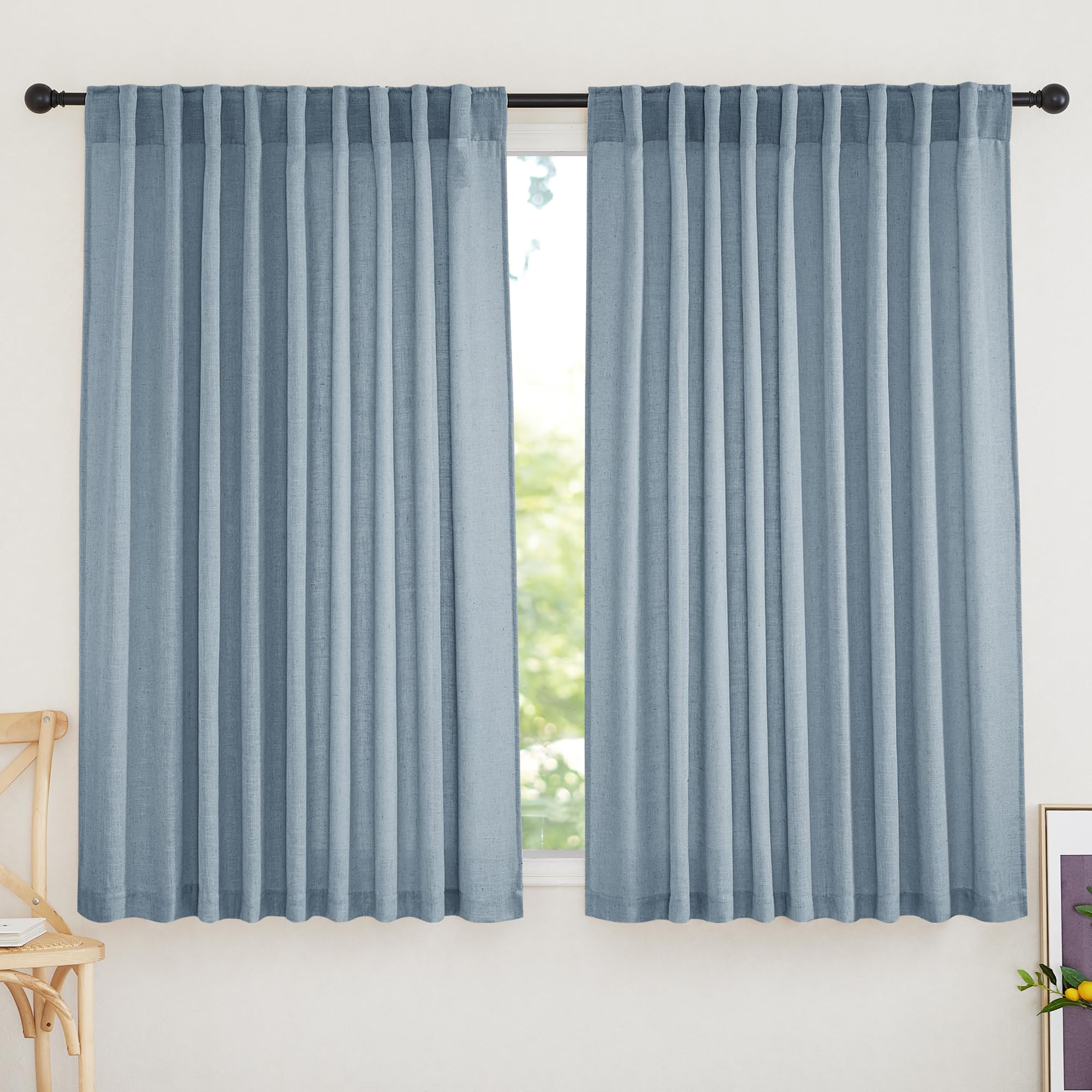 RYB HOME White Sheer Curtains Linen Texture Window Panels, Semi Sheer Light Filetring Rod Pocket & Back Tab Drapes for Bedroom, 52 x 84 inches, Pack of 2