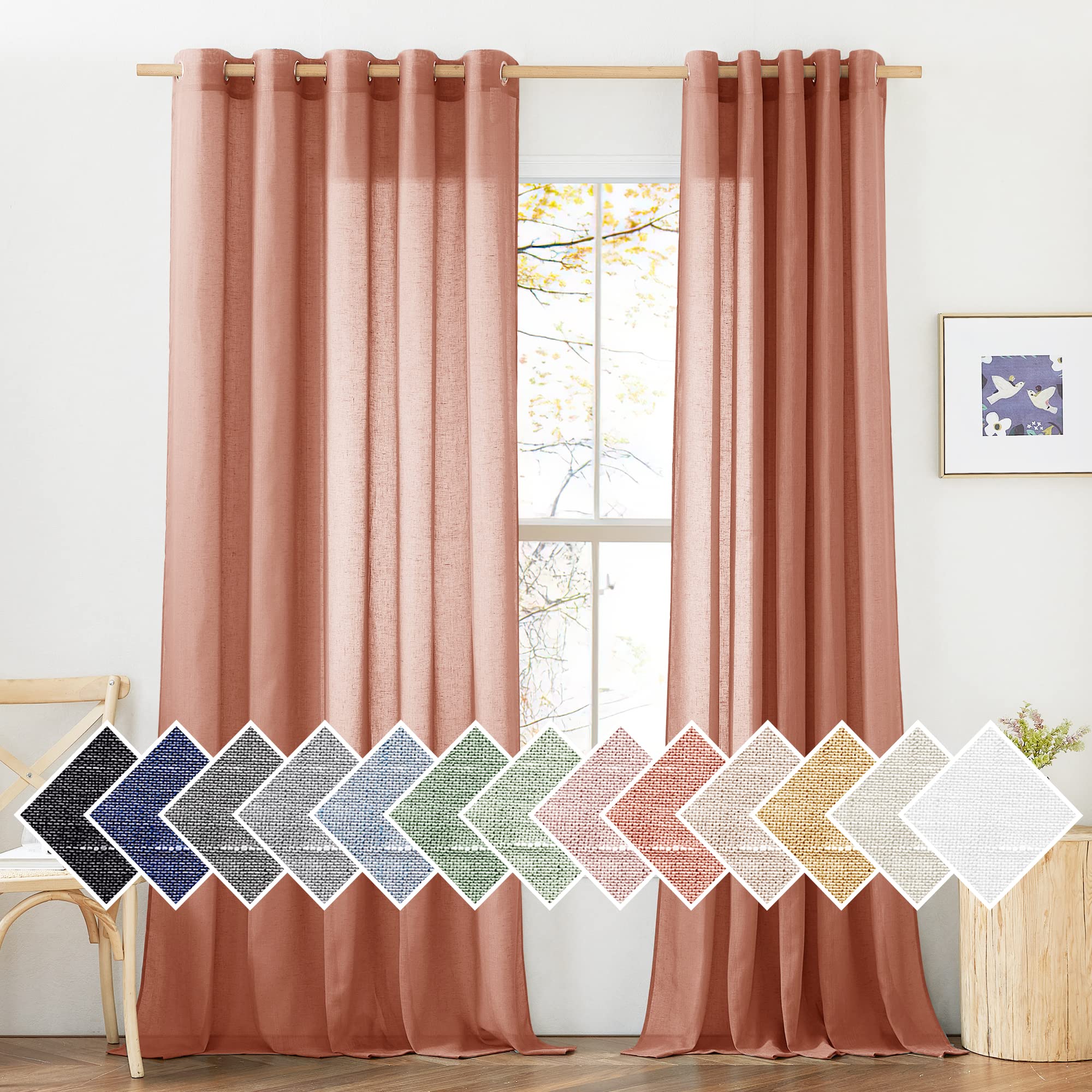 NICETOWN Semi Sheer Beige Curtains 84 inches Long, Grommet Retro Linen Curtains Window Treatments Vertical Drapes Privacy with Light Filter for Living Room, W52 x L84, 2 Panels