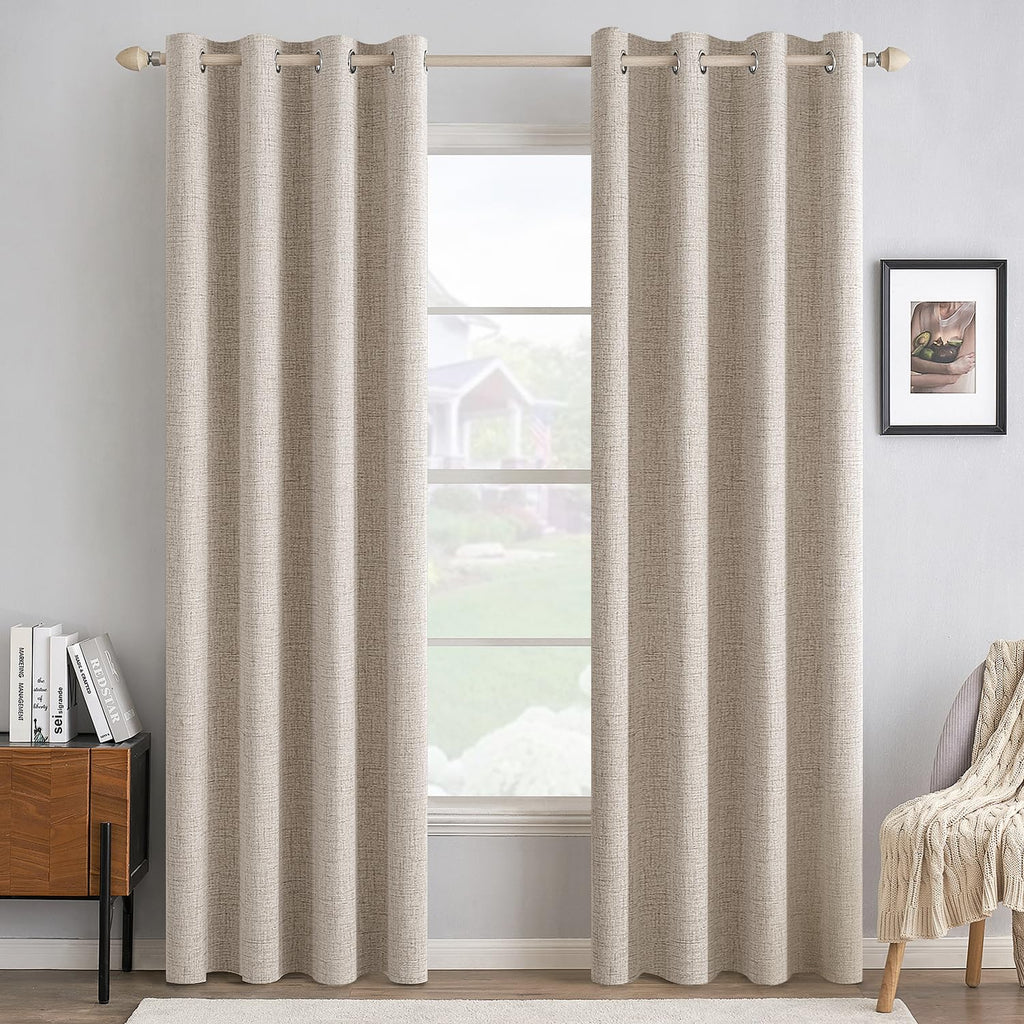 MIULEE 90 Inches Linen Textured Curtains for Bedroom 100% Blackout Thermal Insulated Natural Beige Grommet Room Darkening Curtains & Drapes Luxury Decor for Living Room Nursery 52 x 90 Inch (2 Panels)