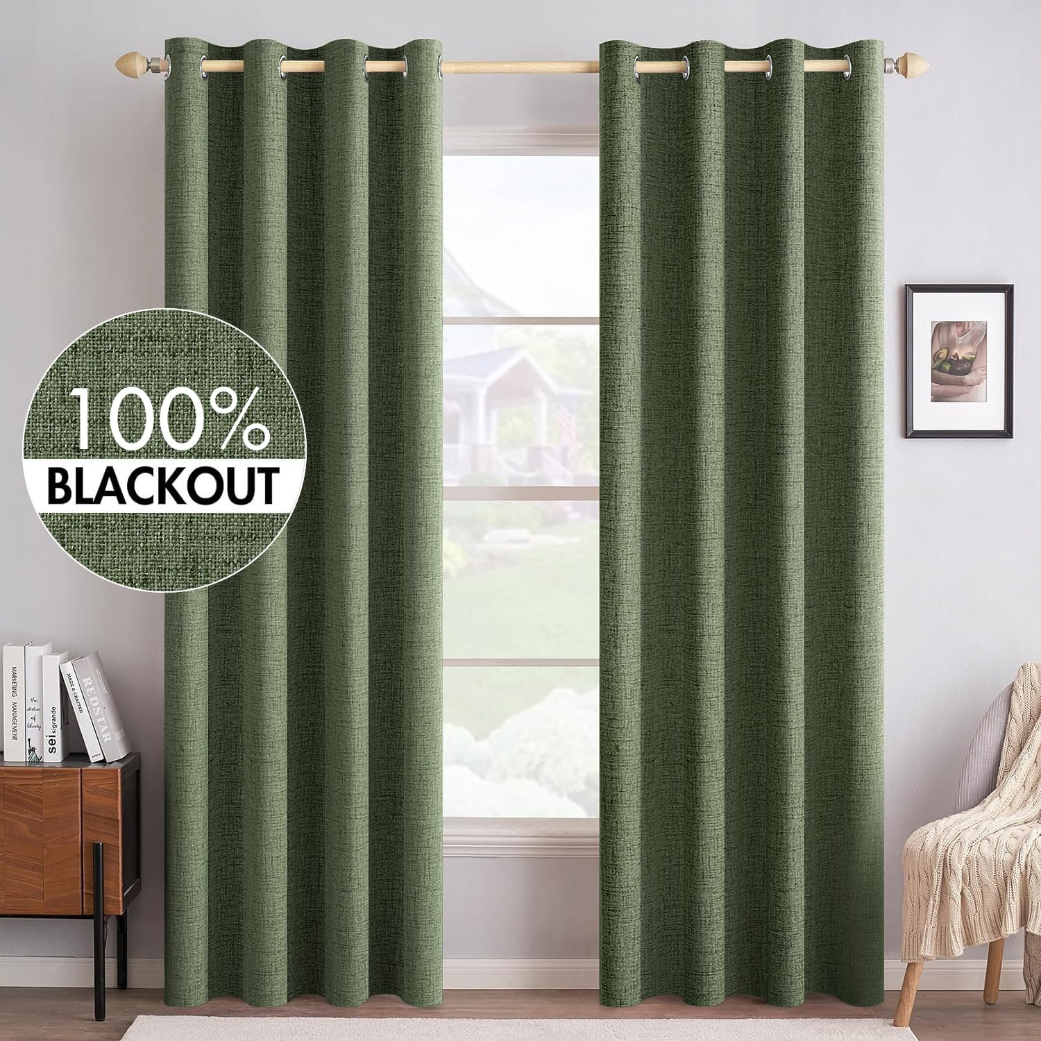 MIULEE 90 Inches Linen Textured Curtains for Bedroom 100% Blackout Thermal Insulated Natural Beige Grommet Room Darkening Curtains & Drapes Luxury Decor for Living Room Nursery 52 x 90 Inch (2 Panels)