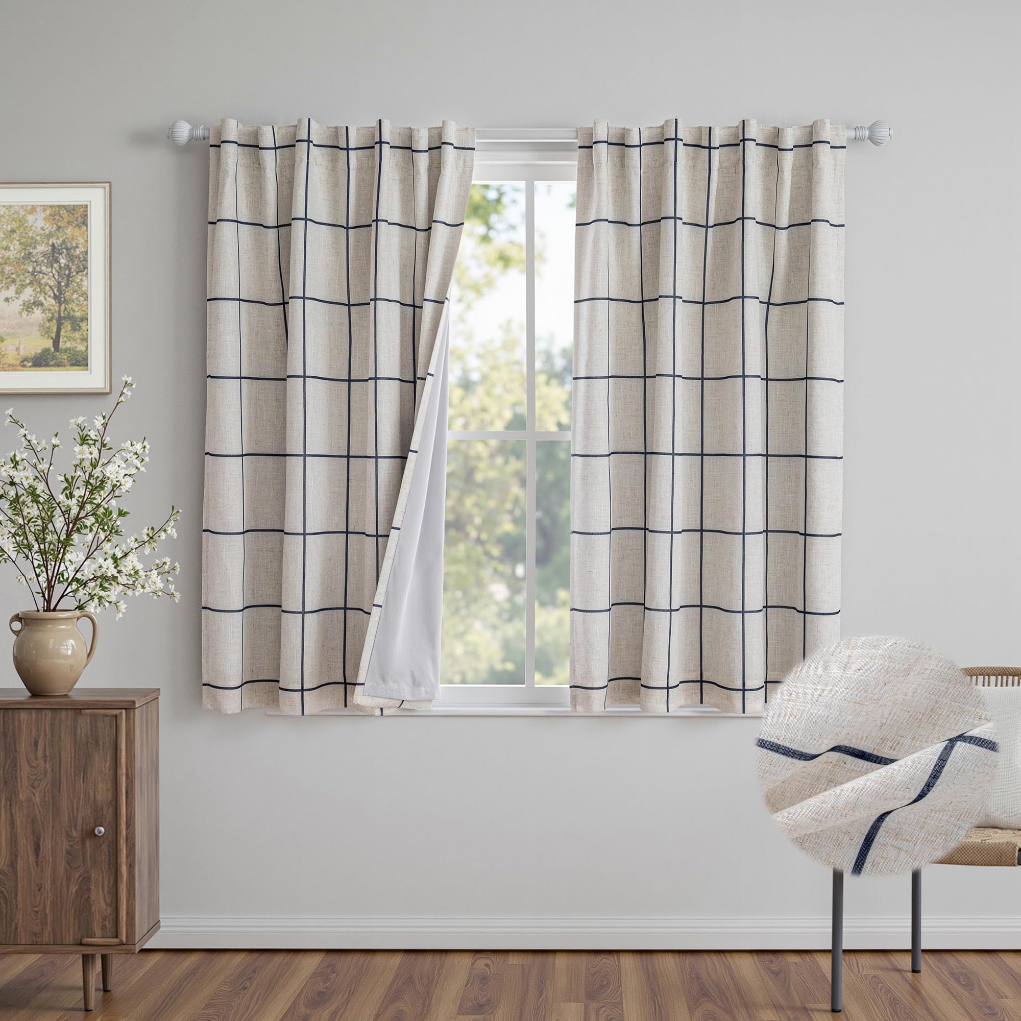 MYSKY HOME 100% Blackout Plaid Farmhouse Linen Curtains 84 Inch Long for Living Room Double Layer Windowpane Drapes Thermal Insulated Privacy Protection Rod Pocket Back Tab, 52" W, Black, 1 Panel