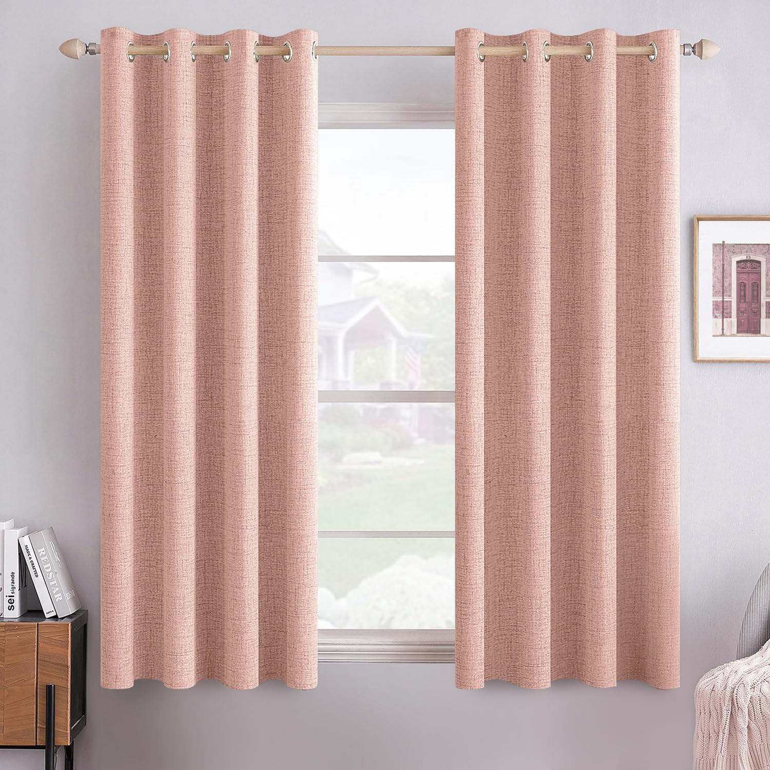 MIULEE 90 Inches Linen Textured Curtains for Bedroom 100% Blackout Thermal Insulated Natural Beige Grommet Room Darkening Curtains & Drapes Luxury Decor for Living Room Nursery 52 x 90 Inch (2 Panels)